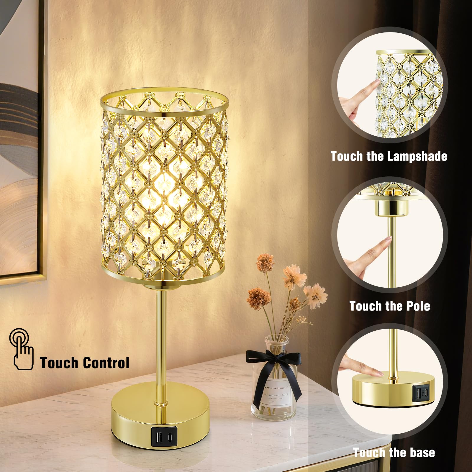 Crystal Table Lamps Set Of 2, Gold Touch Lamp For Nightstand With Usb C+A Ports, 3 Way Dimmable Small Bedside Lamp With Crystal