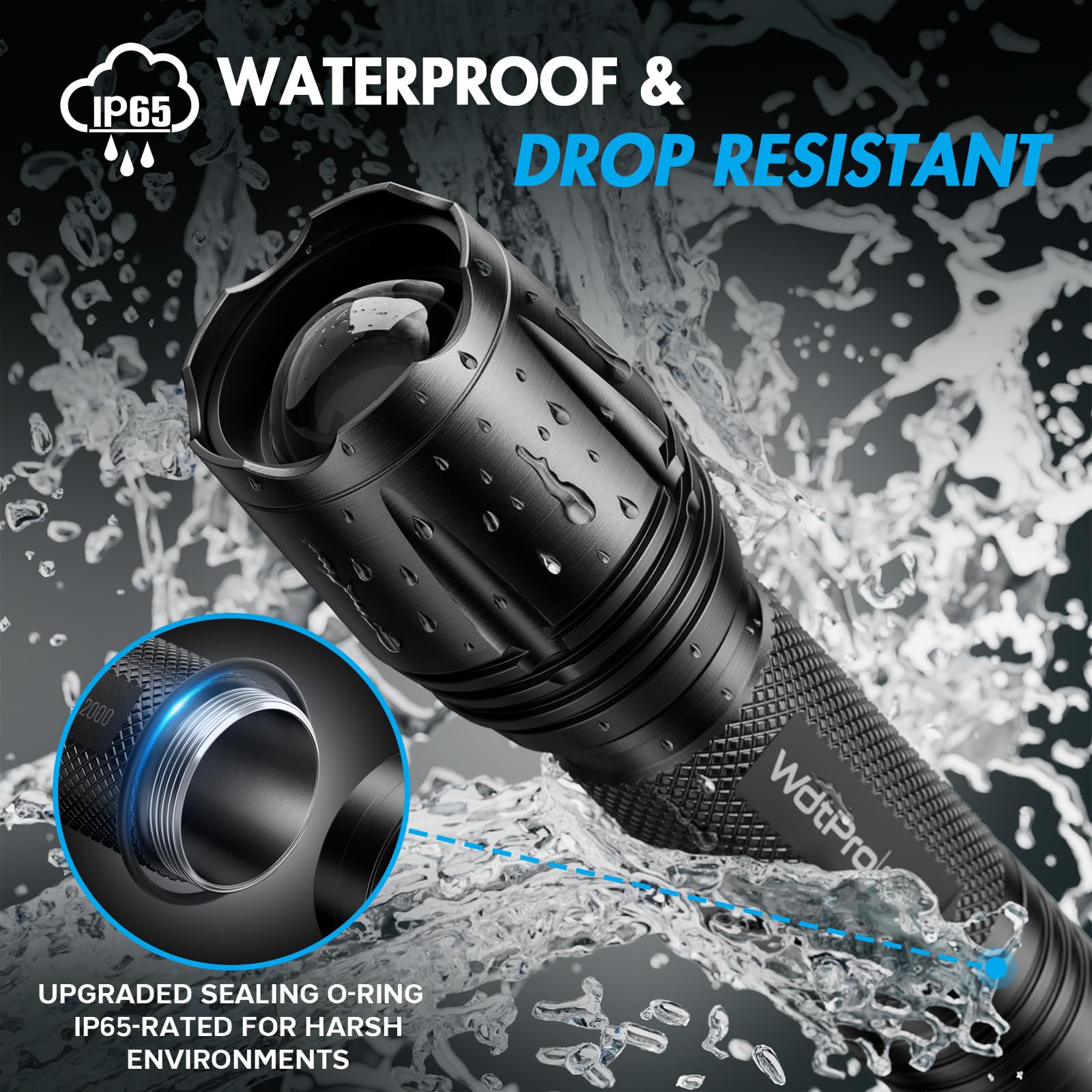 WdtPro SR2000 LED Flashlight, 2 Pack, High Lumens, Zoomable, Aluminum, Black, Tactical Light for Emergency, Camping, Hiking