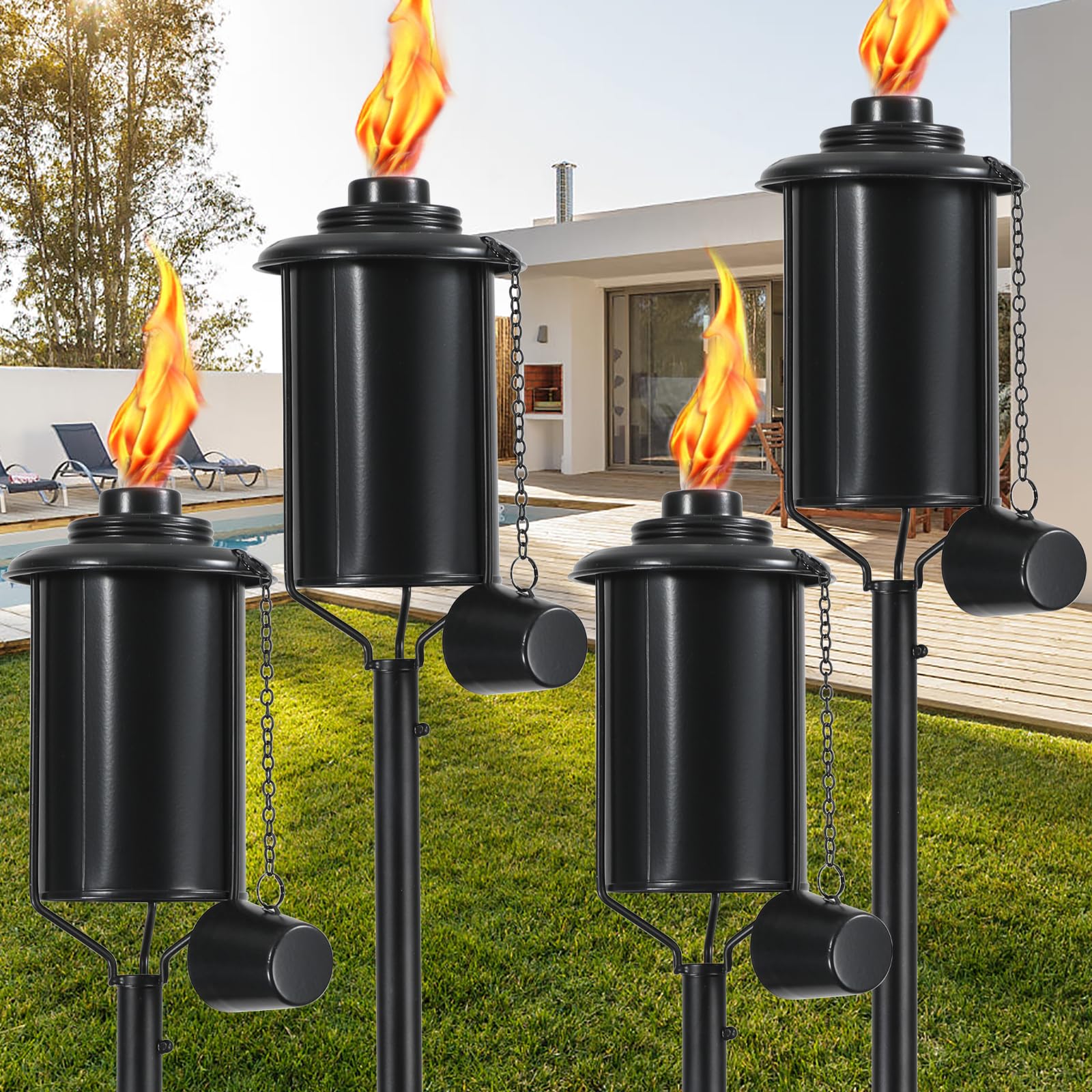 Zsmaiku Citronella Outdoor Metal Torches Set Of 4, 59&quot; Garden Pathway Patio Lights, Black