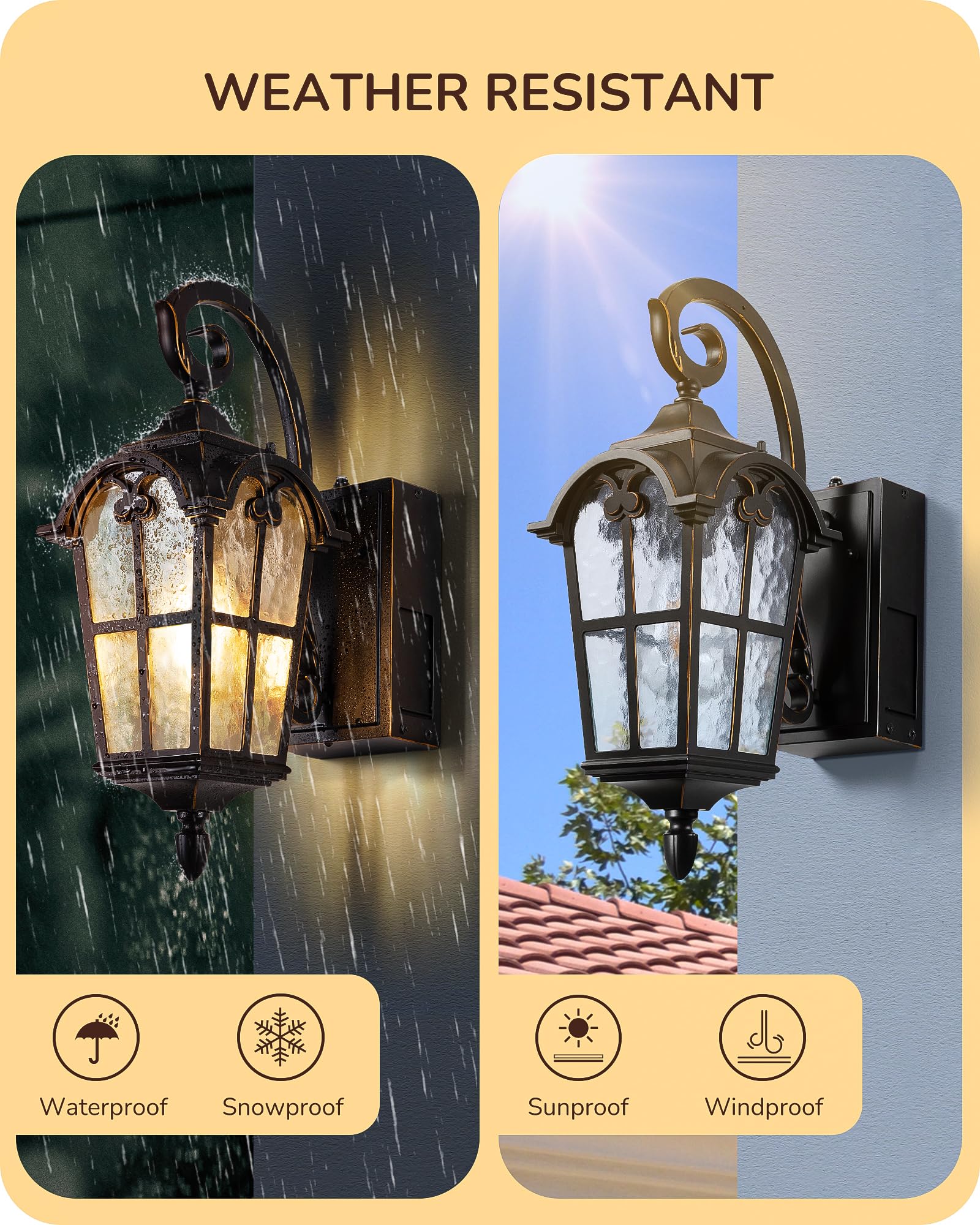EDISHINE Dusk to Dawn Outdoor Wall Lights, Waterproof Black Aluminum Lanterns with GFCI Outlet, E26 Socket - 2 Pack