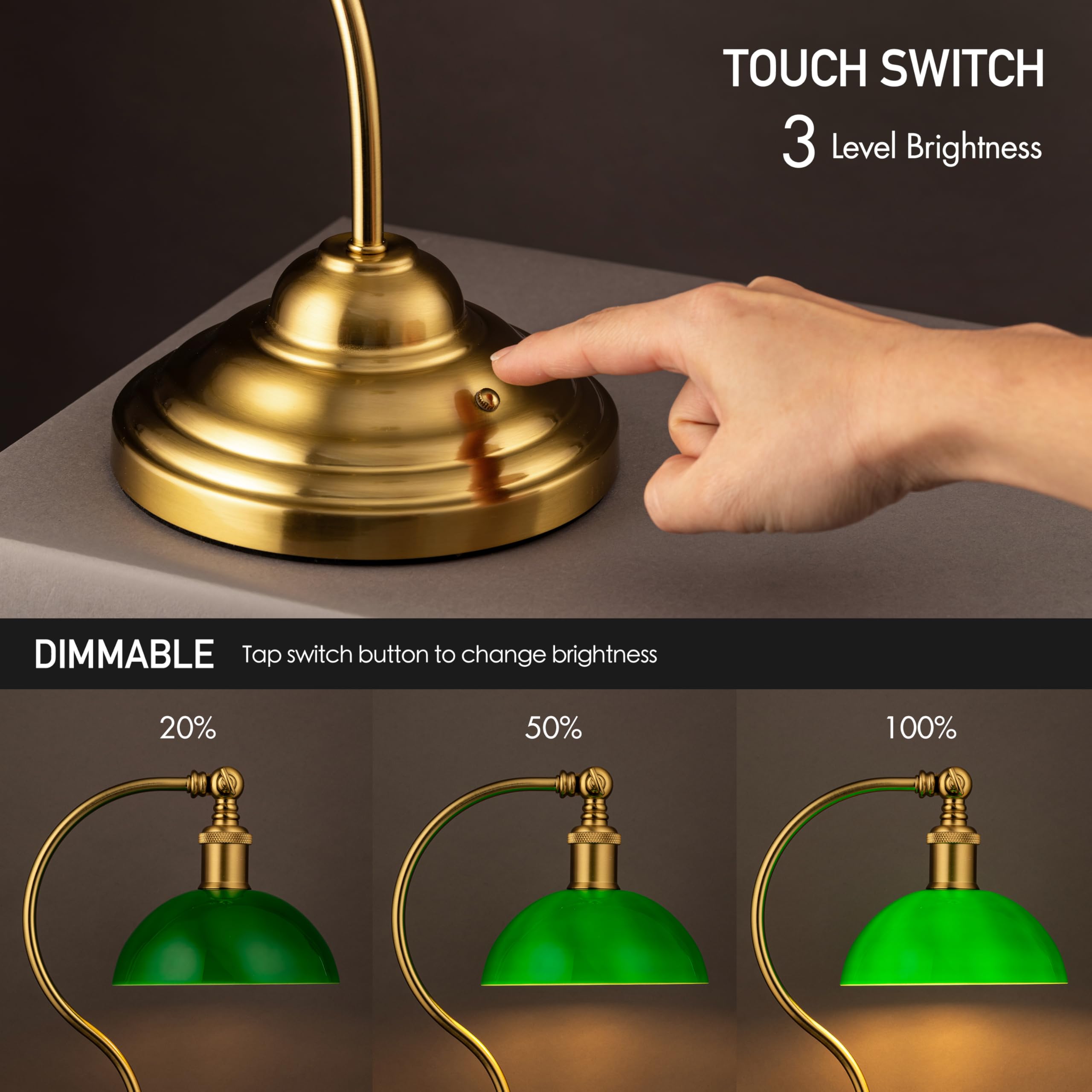 O'Bright Cordless LED Table Lamp - Rechargeable, 3-Level Dimming, Antique Brass with Green Glass Shade, Model OB-TL23B