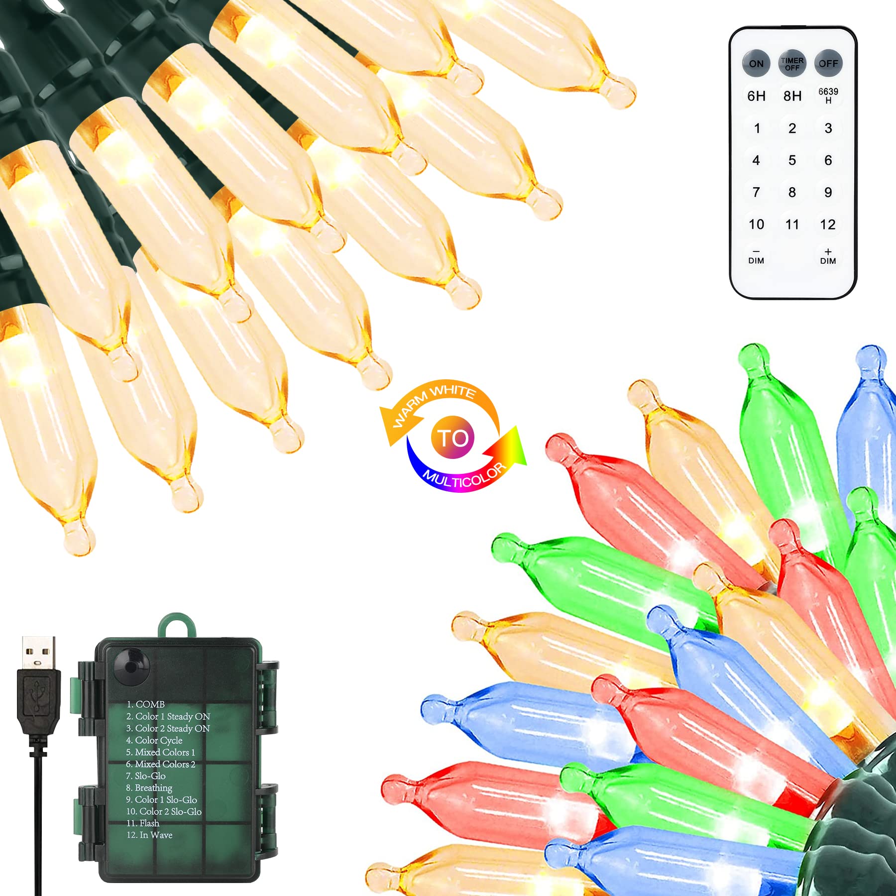 Tcamp Battery Operated Christmas Tree Lights with Remote Memory Timer Function, 33ft 100LED USB Christmas Lights 12 Lighting Modes for Christmas Outdoor Indoor Decor (Warm White to Multicolor)