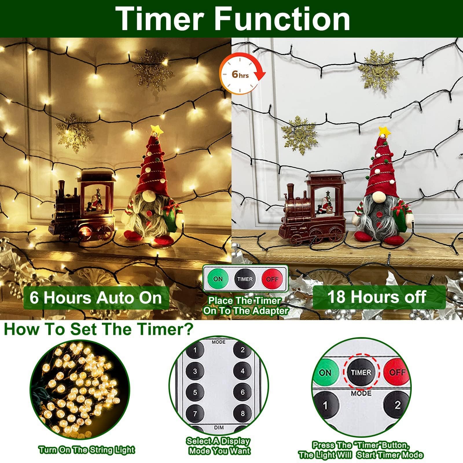 Turnmeon 120Led 39.4Ft Warm White Christmas String Lights With Timer & Remote, Waterproof