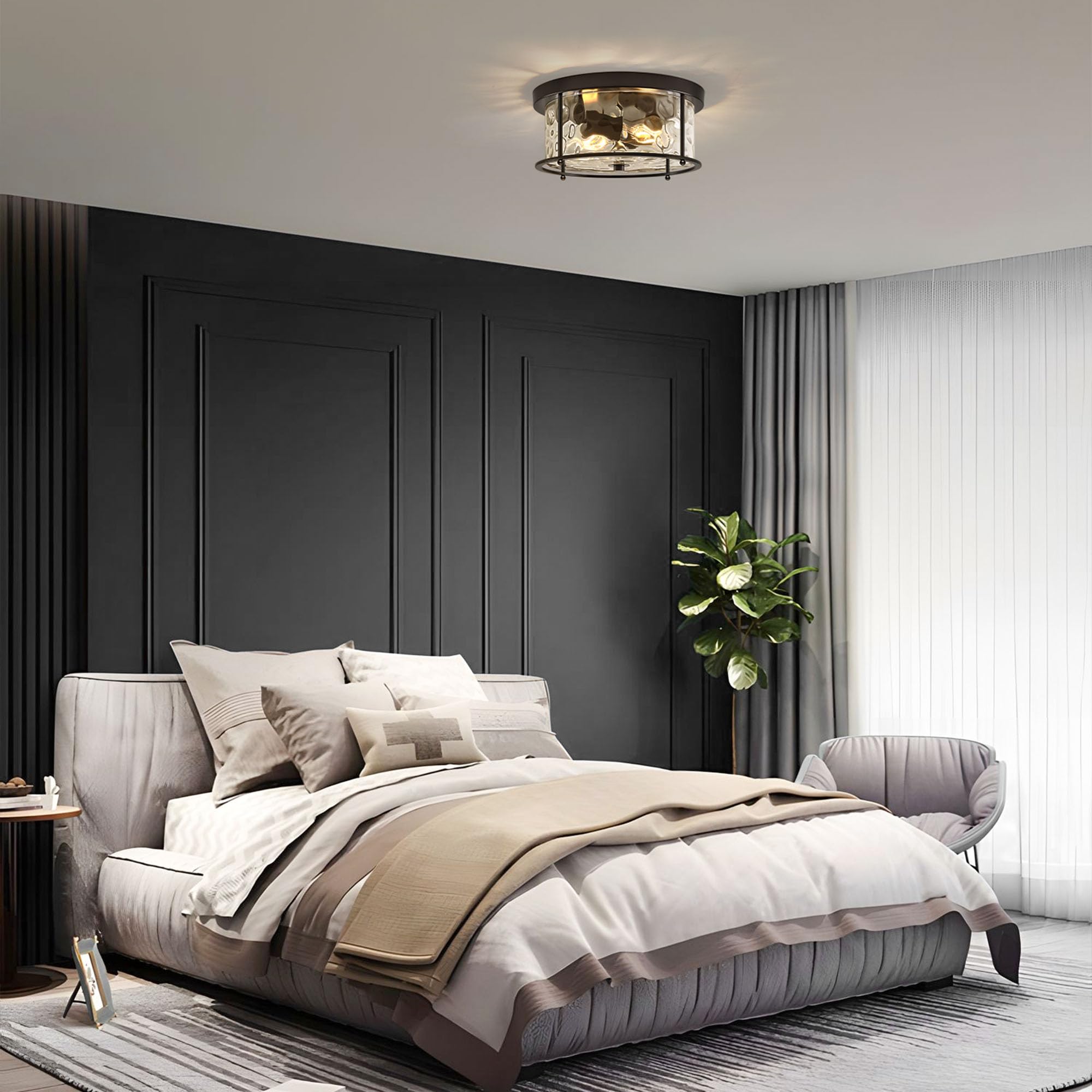 Lamqee Flush Mount Ceiling Light With Clear Hammered Glass, Industrial 2-Lights Farmhouse Close To Ceiling Light Fixtures Round