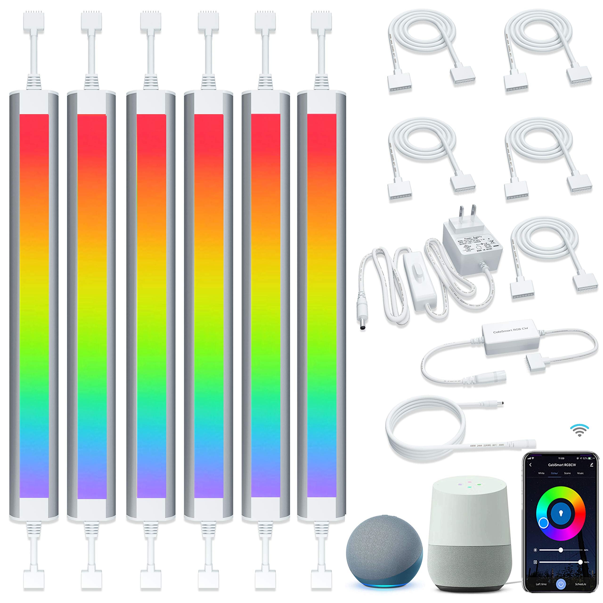 LAMPAOUS LED Cabinet Lighting RGB Light Bar, 6 Pack, Aluminum, Dimmable, Linkable, Works with Alexa & Google, Model YF-P-CA-06