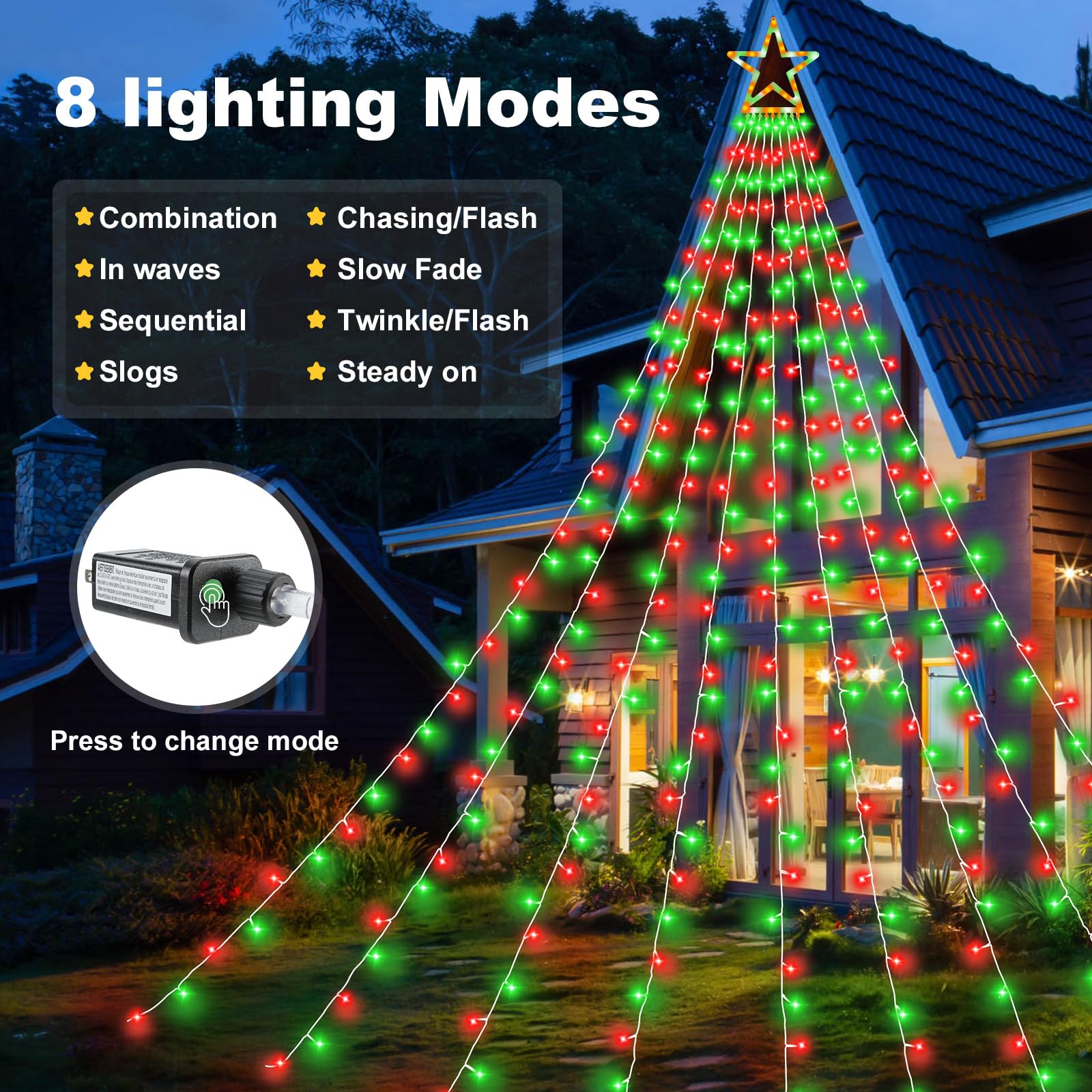 DINGFU Christmas Tree Lights, 317 LED, 11.5 ft, 8 Lighting Modes & Timer, Red+Green, Model YLC317MD01
