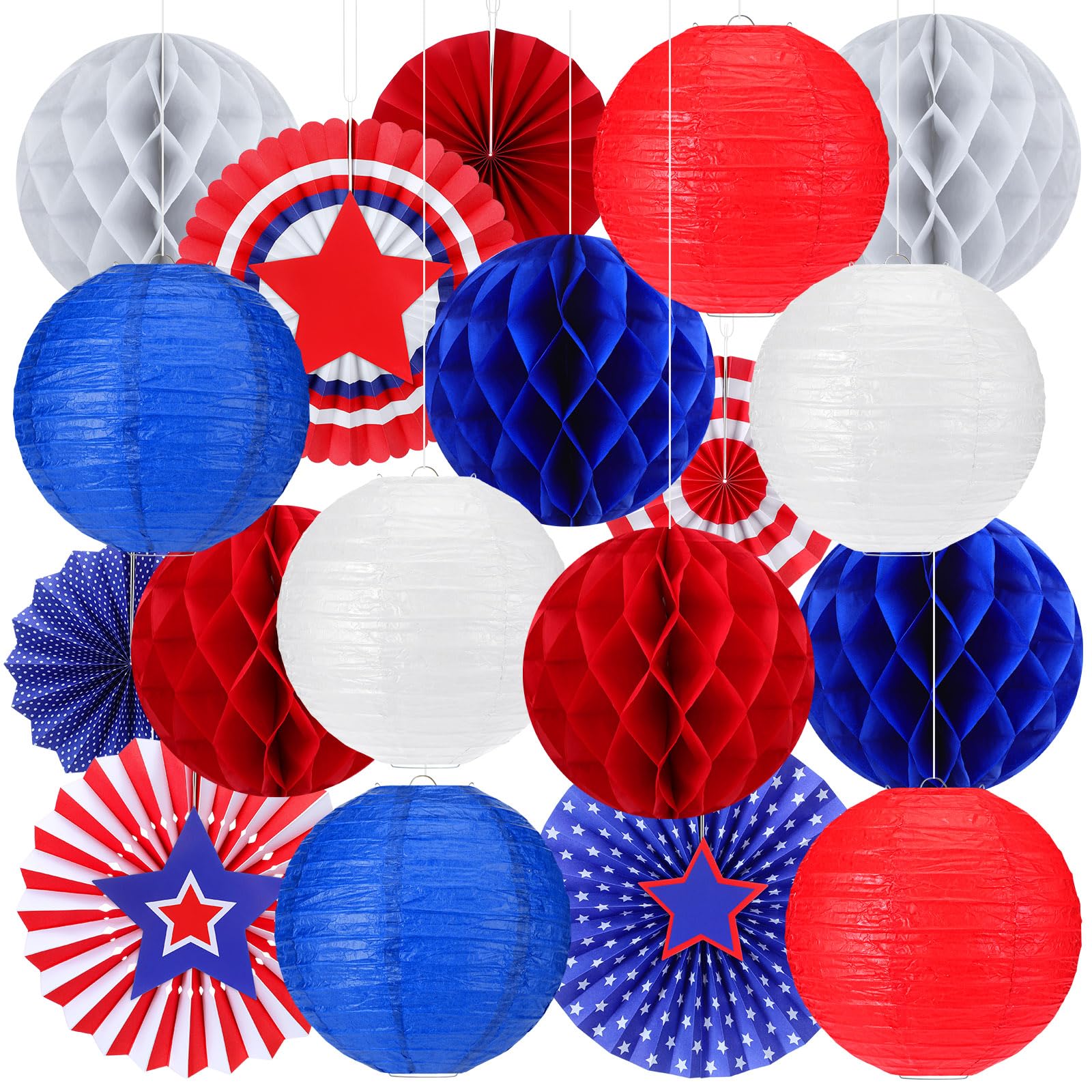 Retisee 18 Pcs Patriotic Party Decorations 250th Anniversary Decorations 4th of July Hanging Paper Lanterns Red White Blue Indep