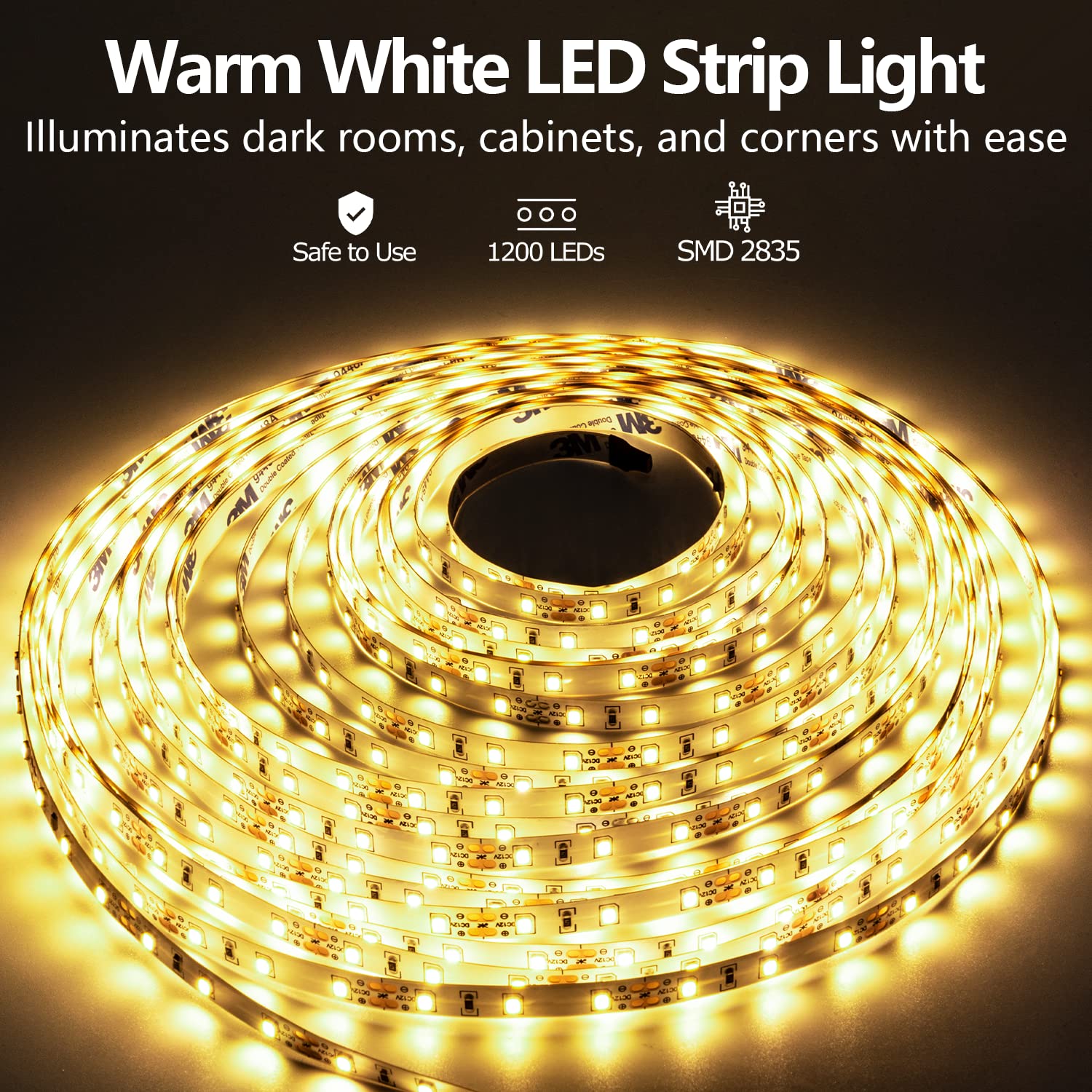 ollrieu LED Strip Lights 65.6ft Dimmable 3000K Warm White, 1200 LEDs, Model OL001020-02-US