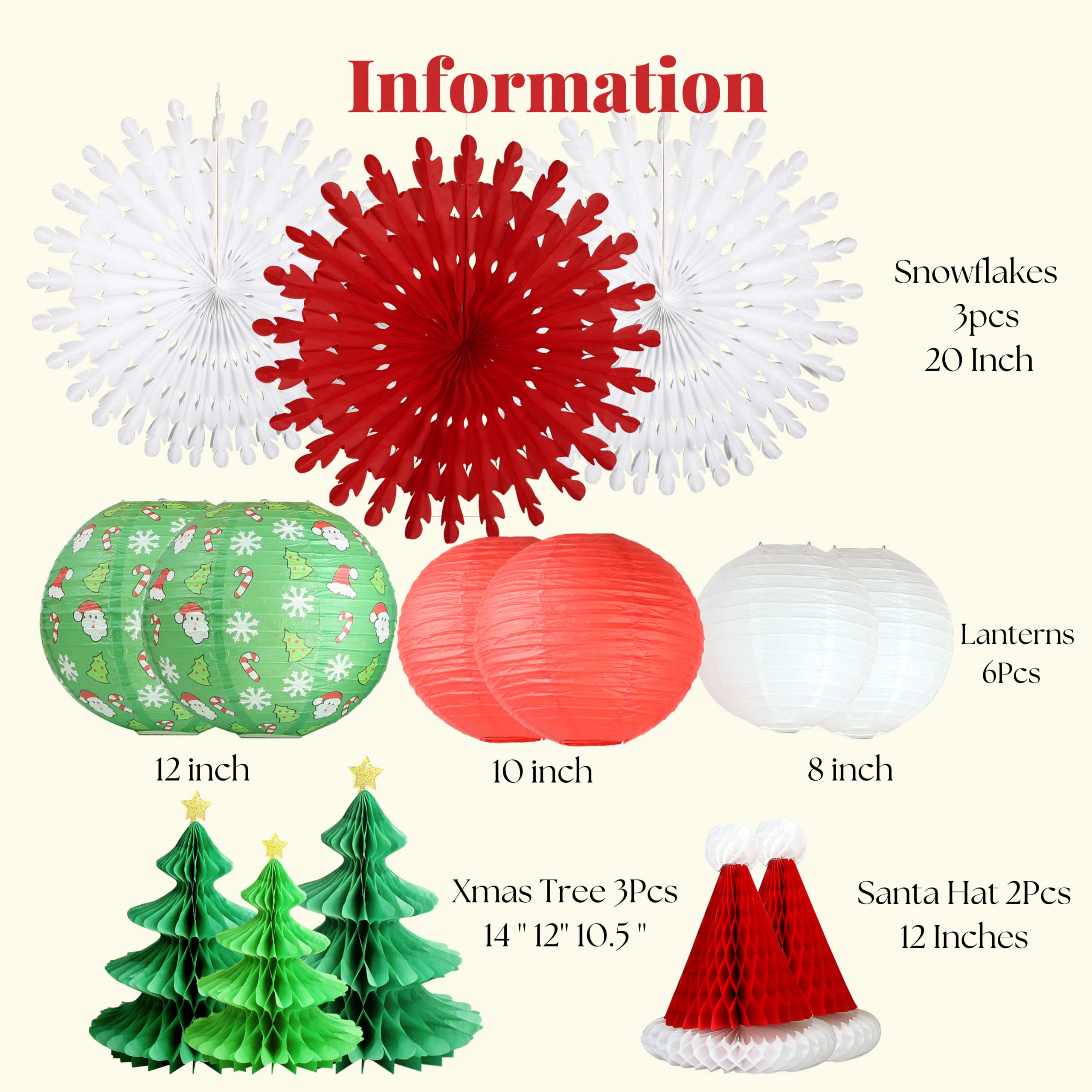UNIQOOO 14PCS 3D Christmas Honeycomb Paper Lantern Set, Pine Tree, Star, Santa Hat, Snowflake, Paper, Christmas Fan