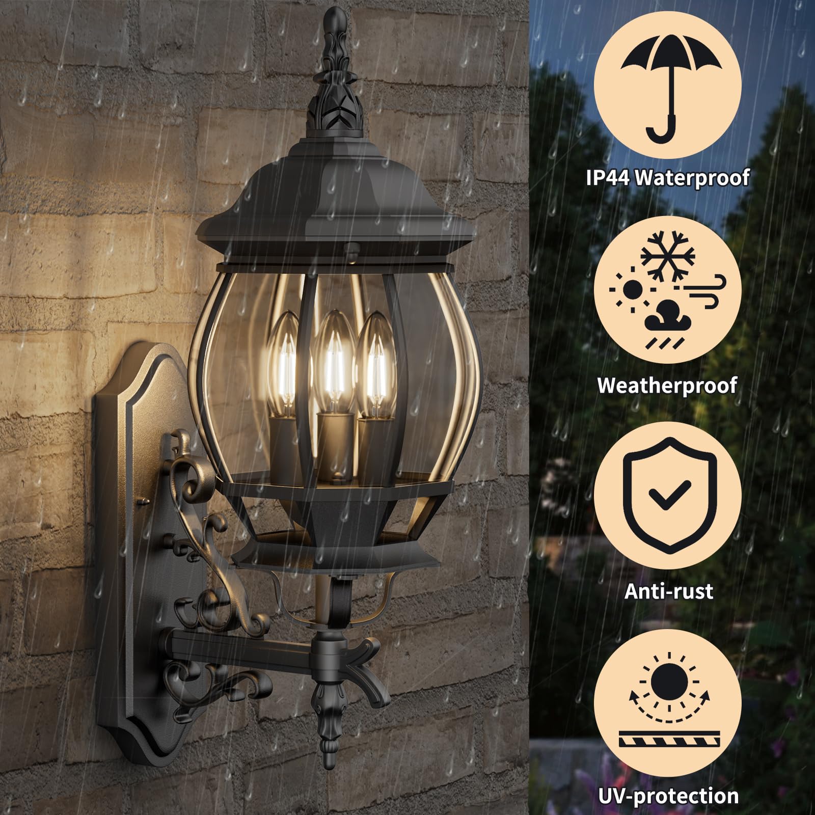 Krychiler 3-Light Black Outdoor Wall Lantern - Waterproof Wall Sconce For Porch Lighting