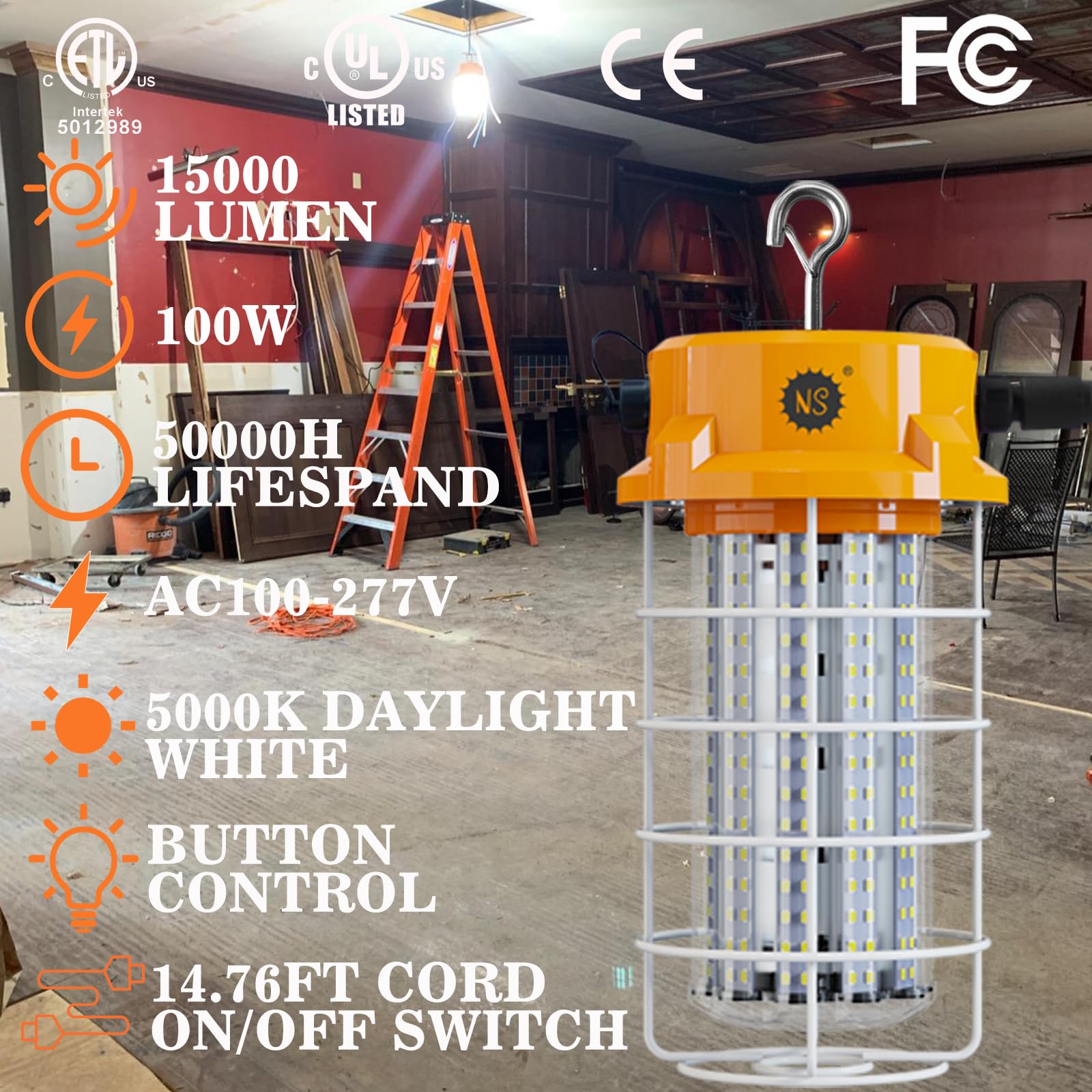 NS 15000LM 100W LED Work Light | ETL/UL Certified | 360° Coverage | Orange | Model TWL100W-C