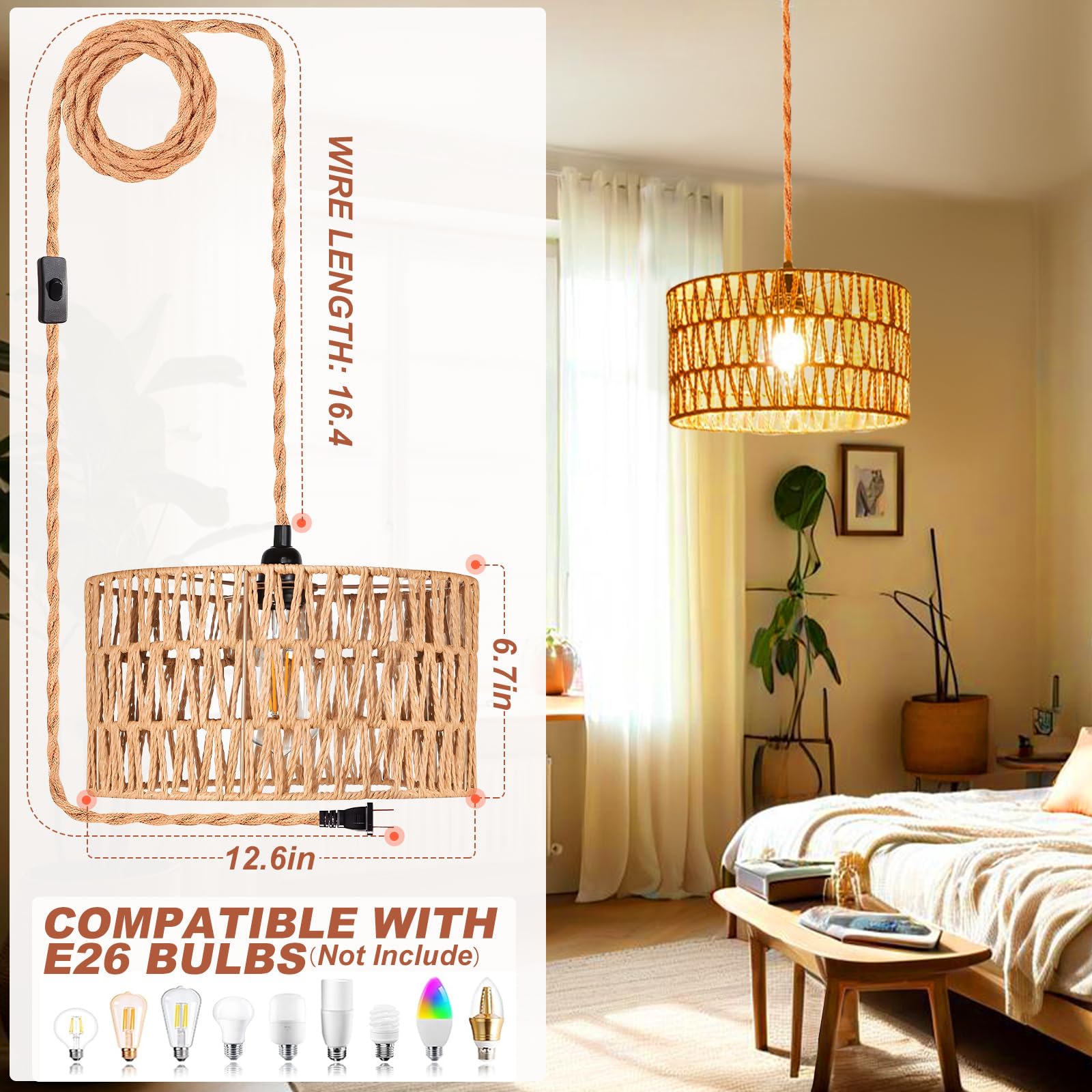 Eqquorva Hanging Lights With Plug In Cord Rattan Hanging Lamp Boho Ceiling Light Fixtures Farmhouse Pendant Lamp Shape For Livin