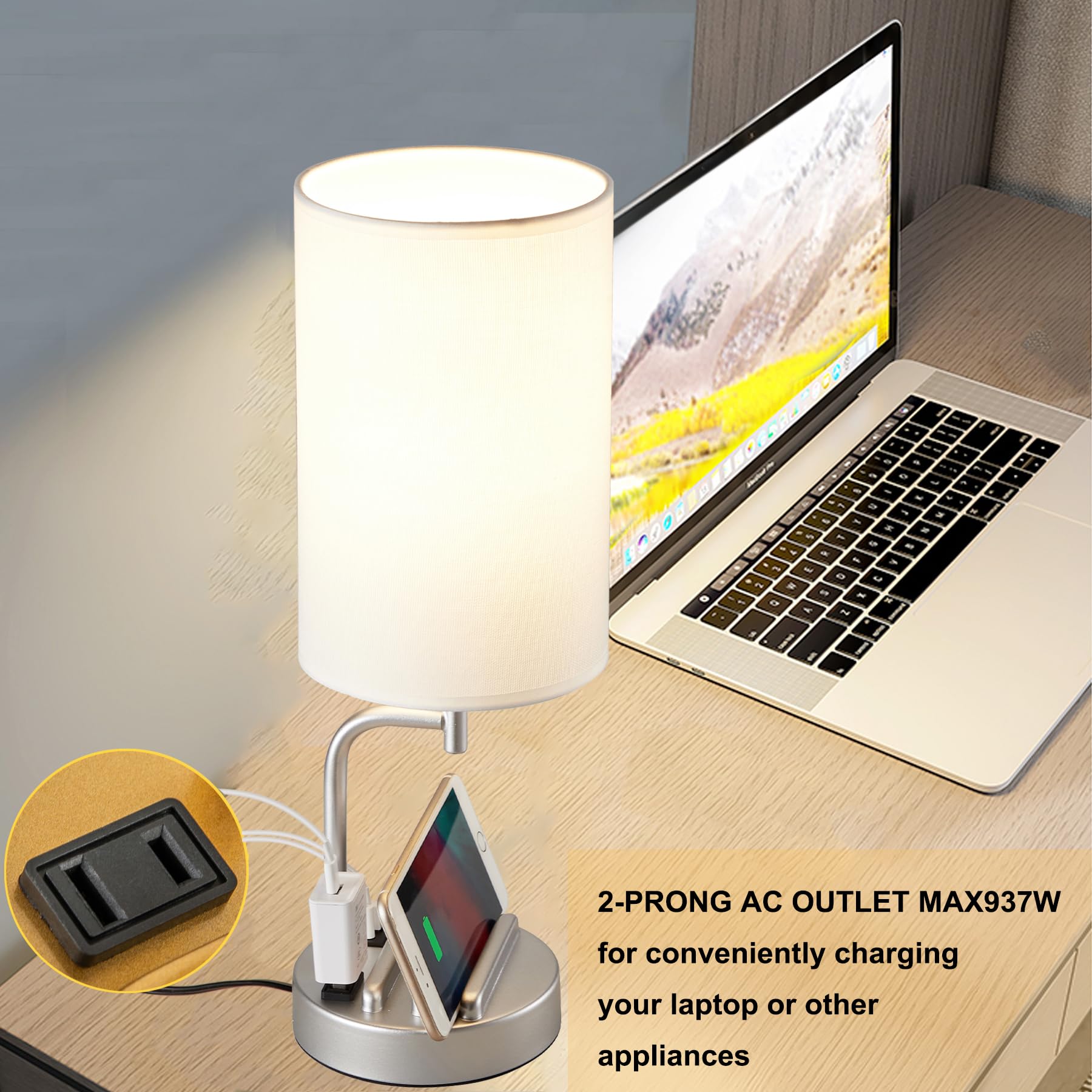Dreamholder USB Table Lamp, 3-Way Dimmable, Charging Ports & AC Outlet, Silver
