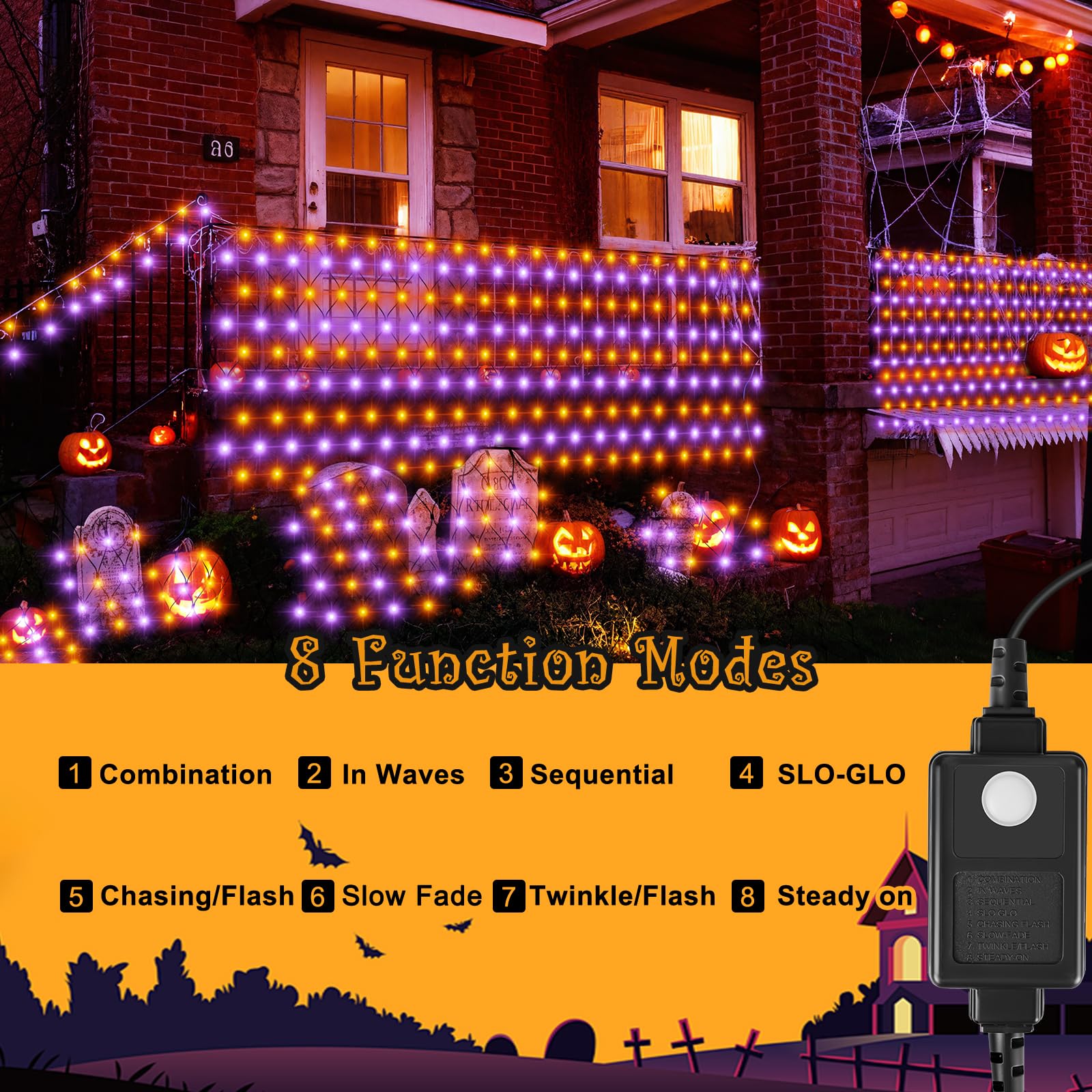 HYH Halloween Net Lights,360 LED 12FT x 5FT Halloween Decor Fairy Orange&Purple with 8 Modes String Connectable Waterproof Outdo