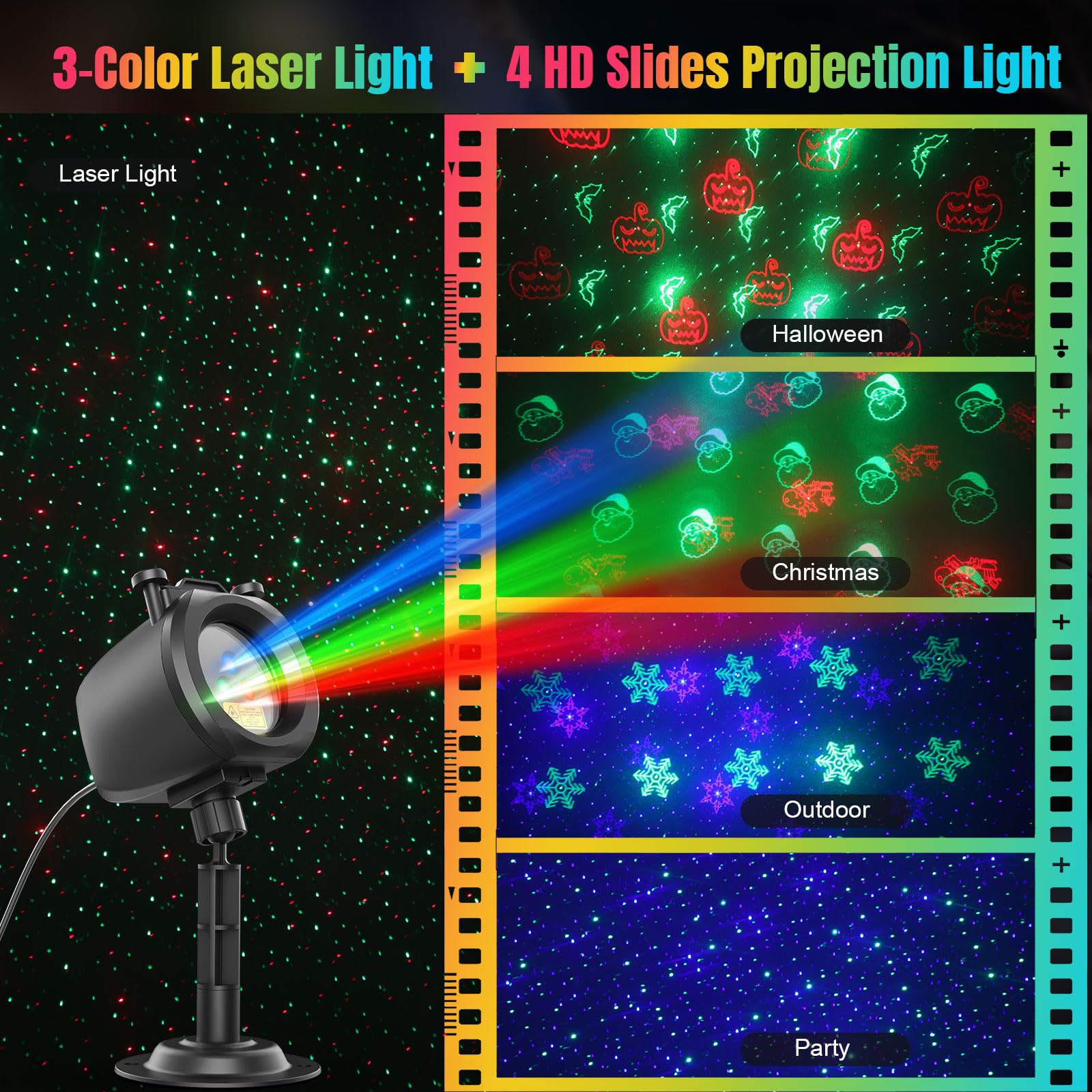 Qardoz Christmas Laser Lights Projector - 4 Dynamic Slides, 2-in-1 RGB, Remote & Timer, Ideal for Holiday Decor