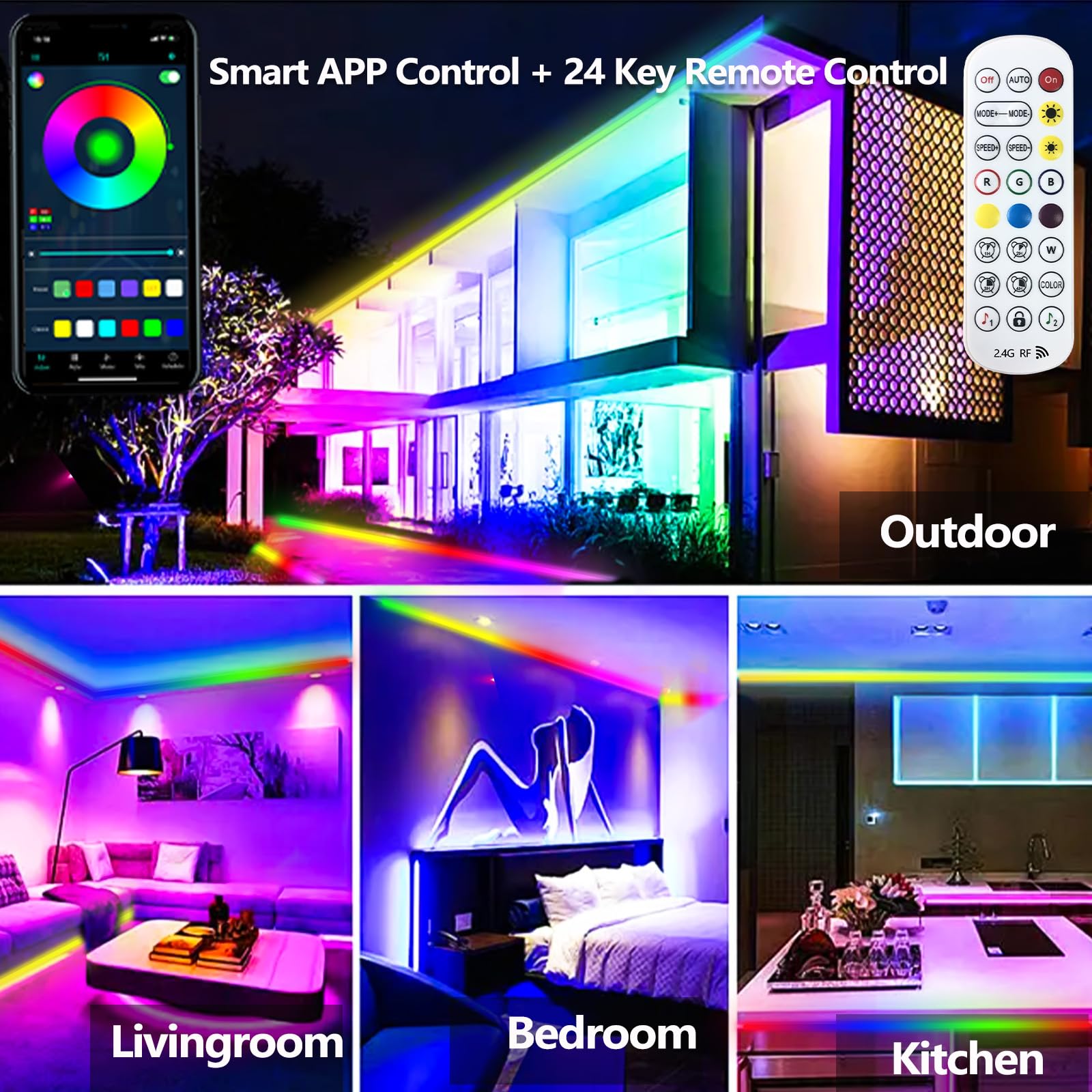 Bvokon LED Strip Light 50FT IP68 Waterproof RGBIC with App/Remote Control for Outdoor Use, Multicolor