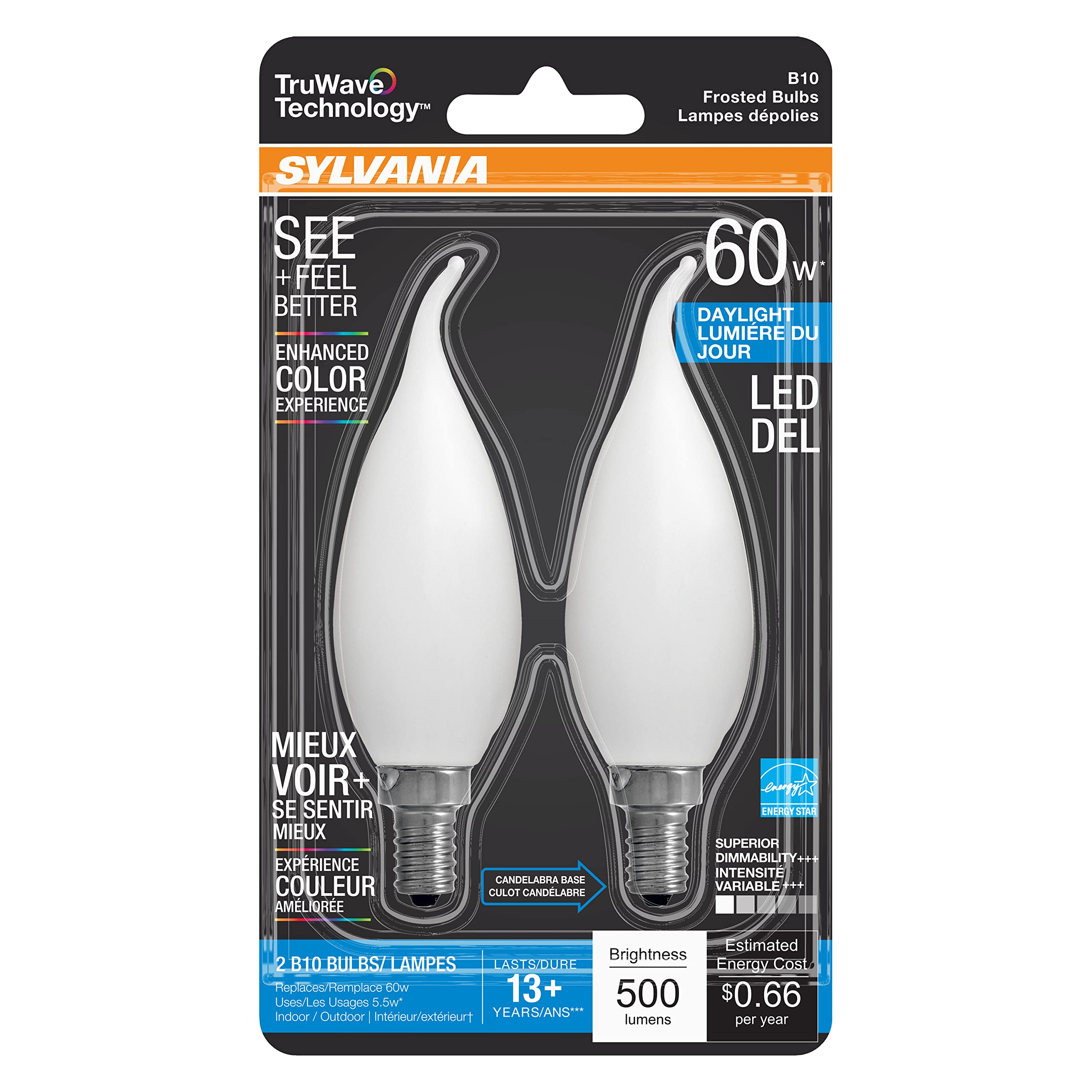 Sylvania Led Truwave Natural Series D  Cor B10 Light Bulb, 60W Equivalent Efficient 5.5W, 500 Lumens, Candelabra Base, Dimmable,