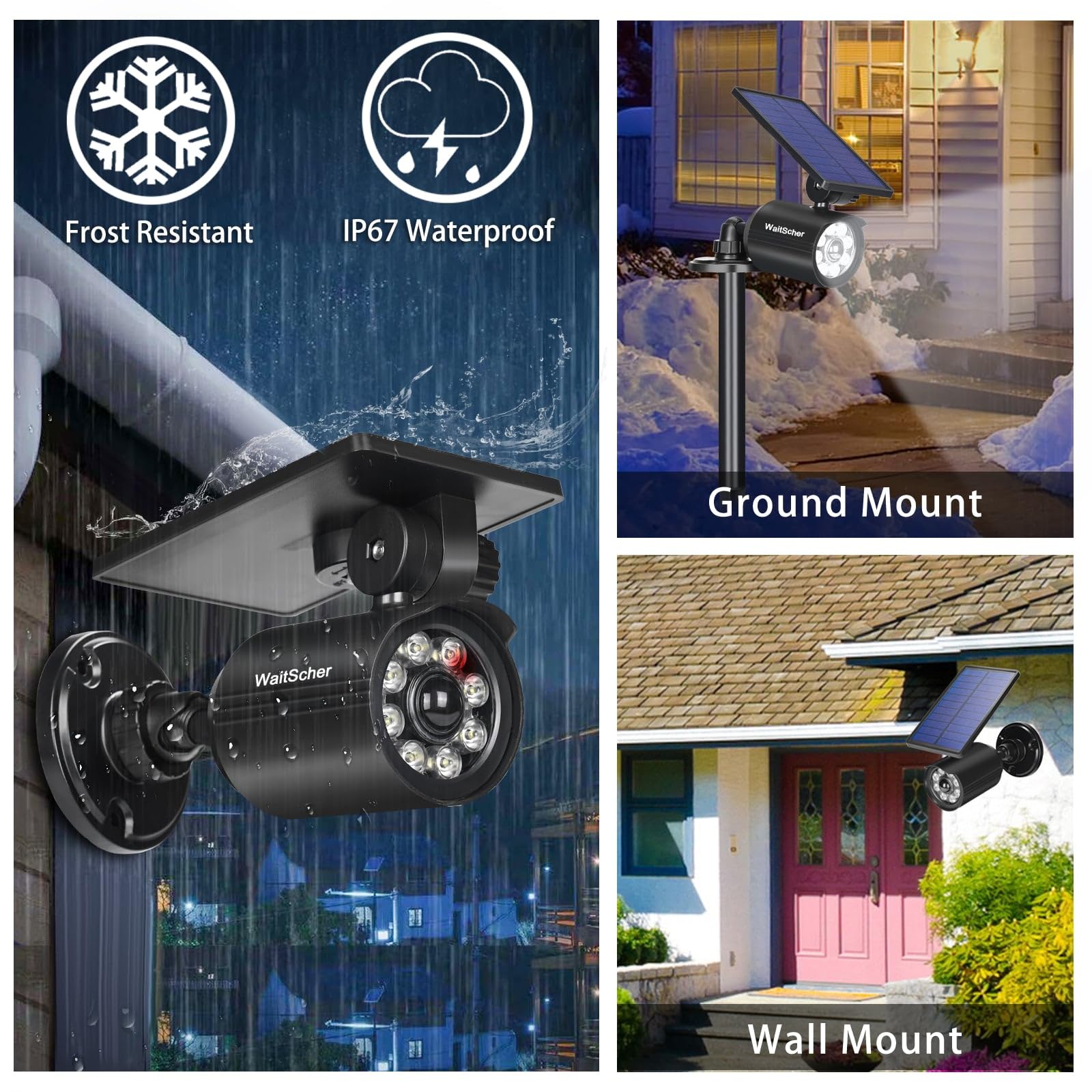 Waitscher Solar Motion Lights Outdoor, Waterproof, 1800Lm, Fake Camera, 4 Pack, Black