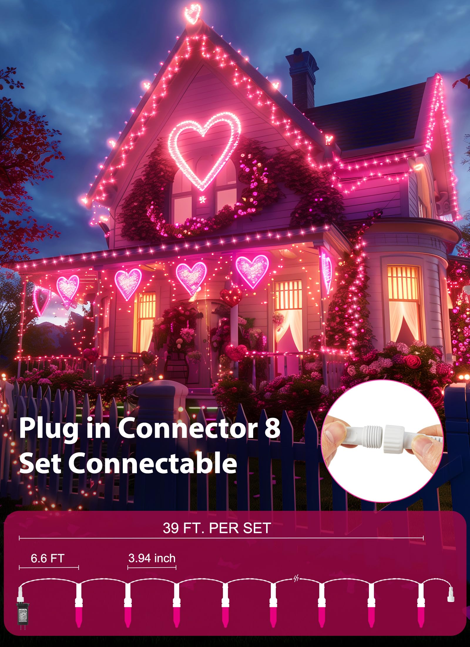 Pink Christmas Mini Lights, 39Feet 100 Led Pink String Lights With 8 Lighting Modes, Connectable Valentine'S Lights For Indoor Outdoor Valentine'S Day Garland Wreath Holiday Decoration, White Wire