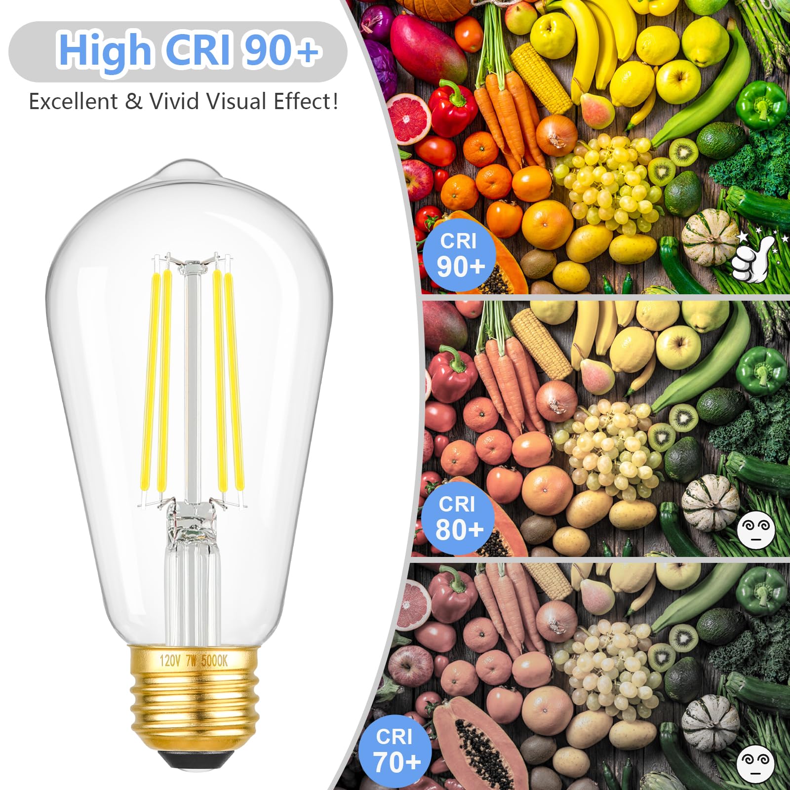 6-Pack 7W Dimmable Led Light Bulbs, 60Watt Equivalent Edison Bulbs, 900Lm Ultra Bright Led Bulbs, 5000K Daylight White, St58 Vin