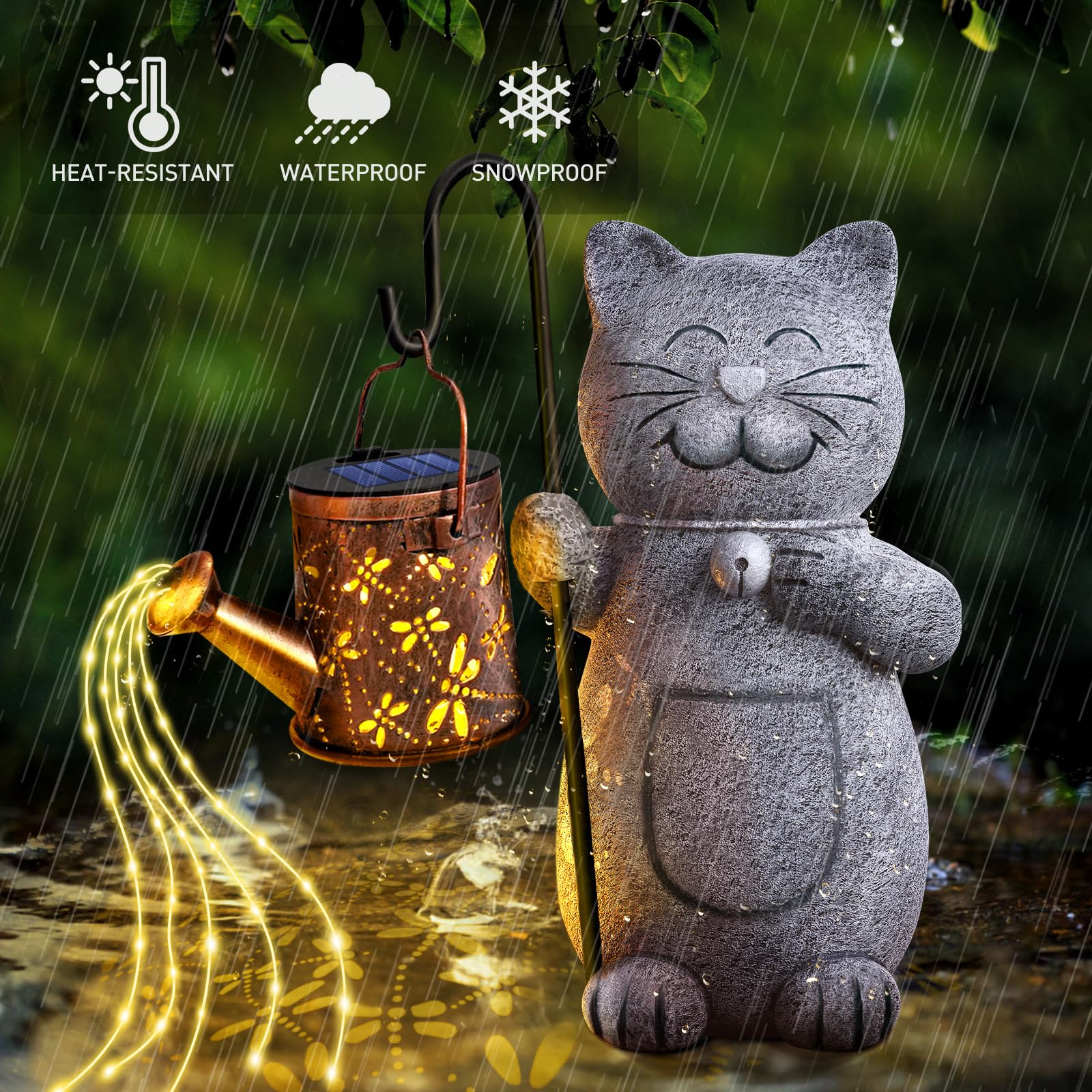 Hinshark Solar Garden Cat Statue With Kettle Light - Perfect Valentines & Birthday Gifts For Cat Lovers