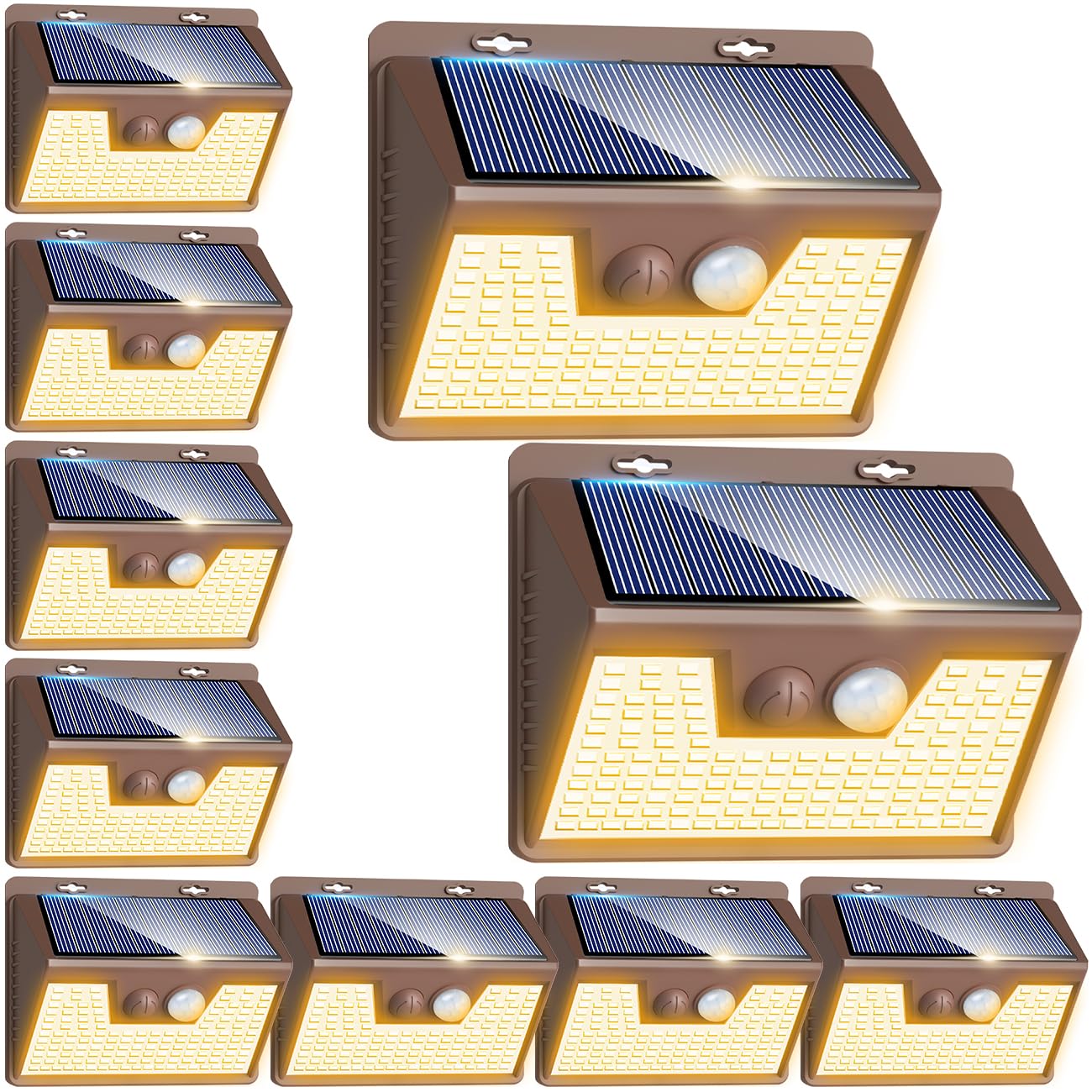Peasur Solar Outdoor Lights, 10 Pack, 140 LED, 3000K Warm Light, Motion Sensor, Waterproof, Brown Frame
