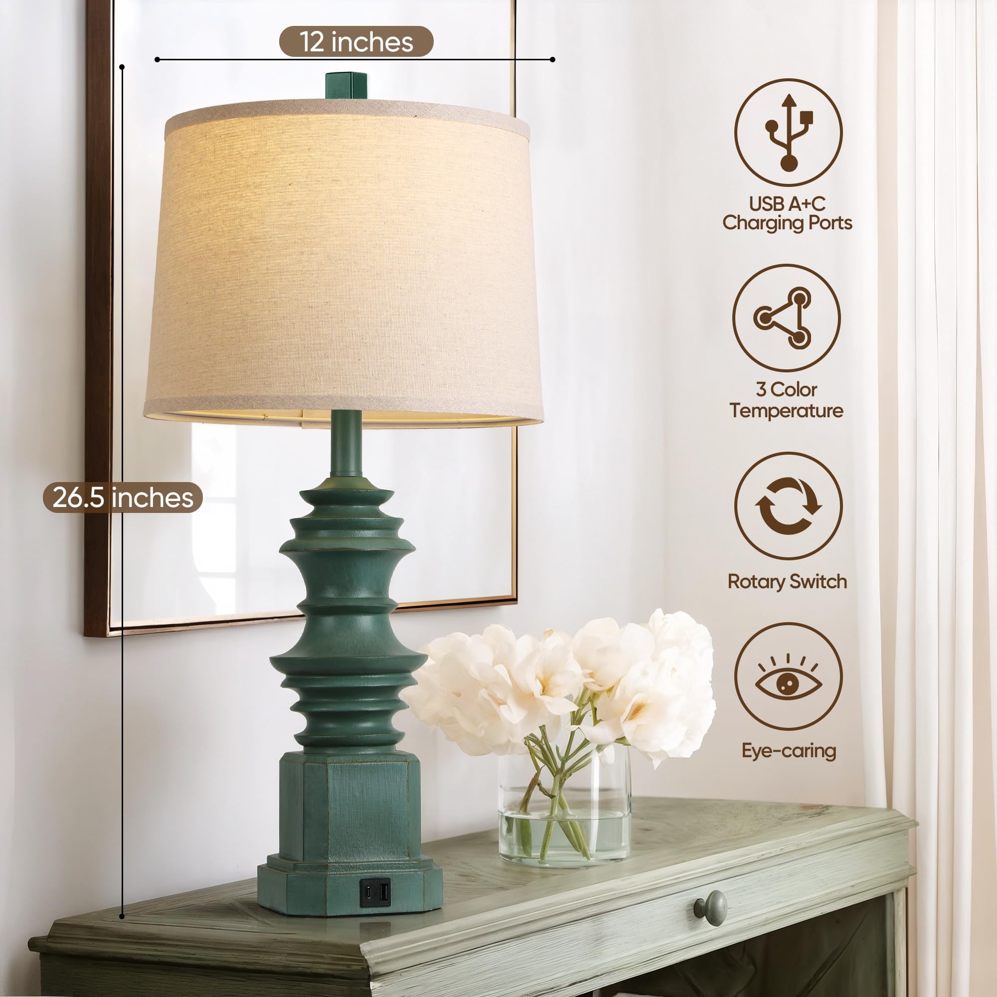 QiMH Table Lamps Set of 2, USB A+C Ports, Farmhouse Style, White Fabric Shade, Green, Model STR-DL-0087