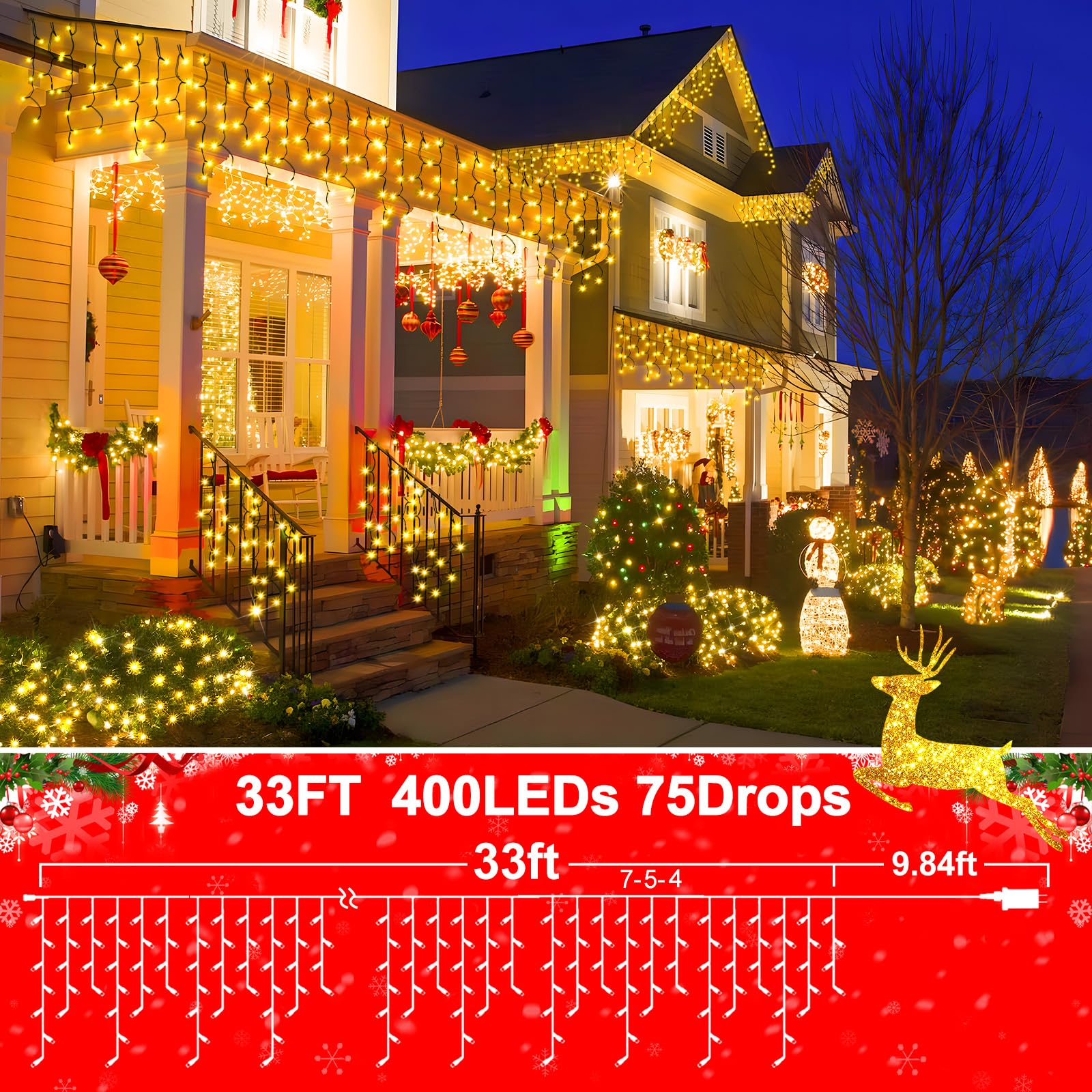 KNONEW 33FT 400 LED Christmas Lights Outdoor Black Wire, Warm White, 8 Lighting Modes, Timer, Connectable, Model KN-1000-LIG168-01