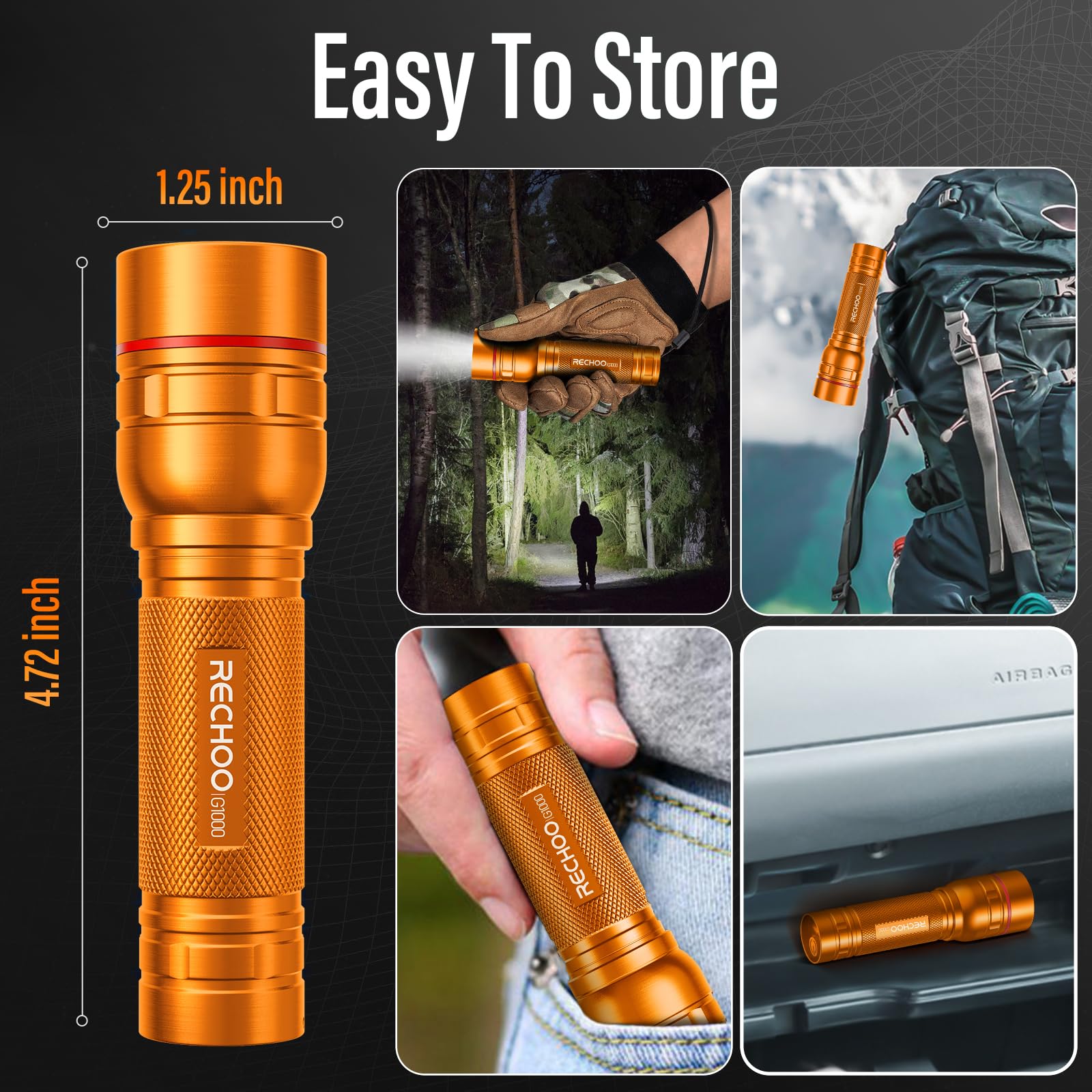 Rechargeable Flashlights High Lumens, G1000 Super Bright Flash Light Orange, Small Zoomable Led Flashlight With 3 Lighting Modes