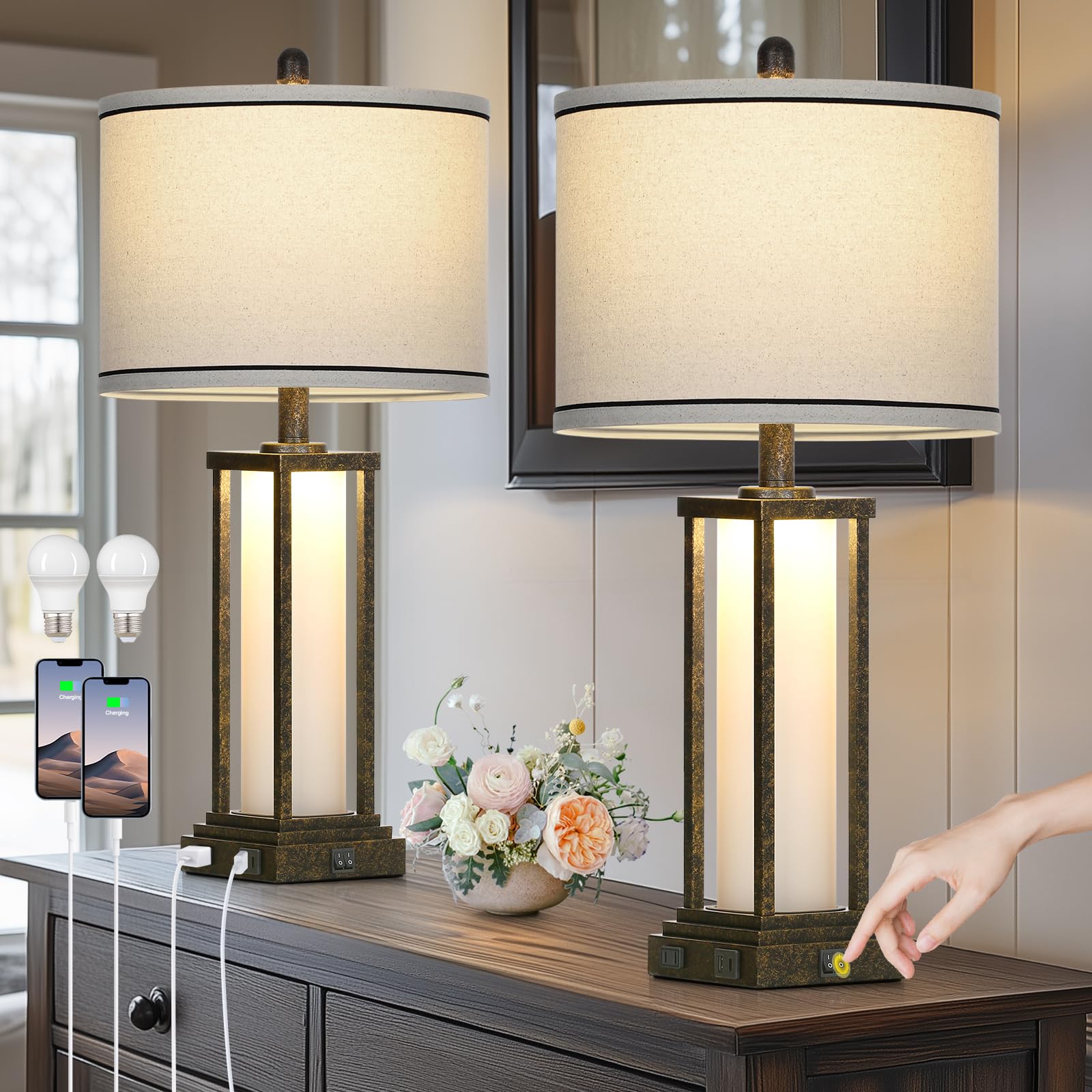 27 Tall Vintage Table Lamp Set of 2 with USB C+A & Outlet Bronze Industrial End Table Lamp for Living Room Farmhouse Rustic Bedside Lamps with Frosted Glass Night Light for Bedroom Nightstand Bronze