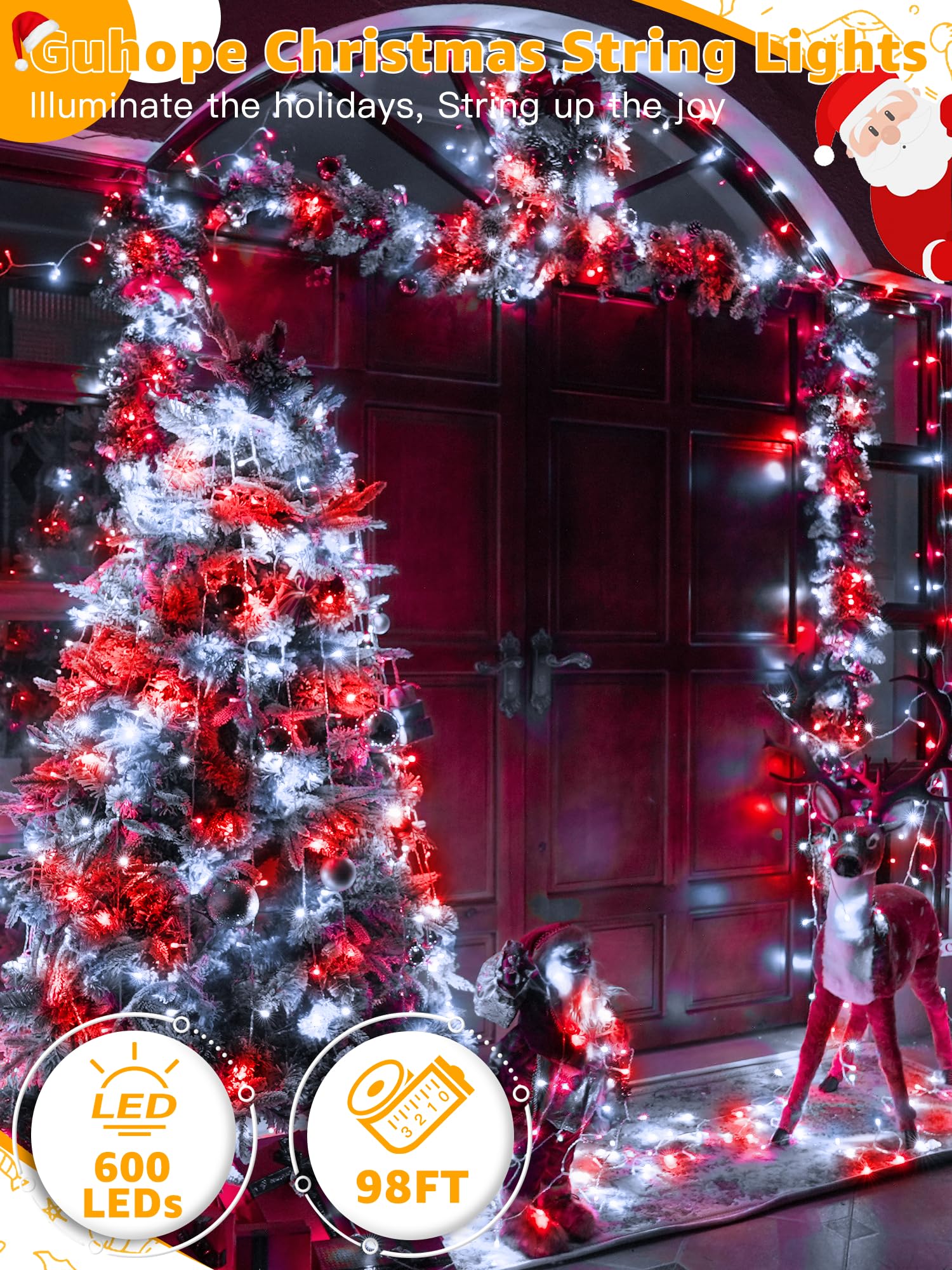 Guhope Christmas Lights 600 Led 98Ft, Waterproof Outdoor String Lights With Remote And Timer, 8 Modes Dimmable Fairy Lights For