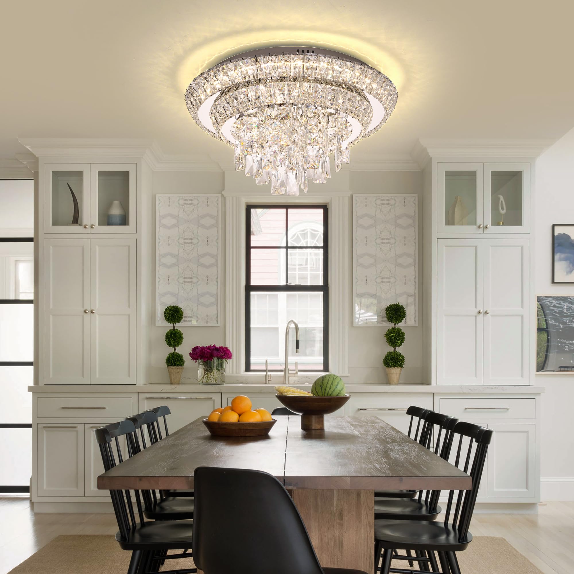 Redstar 18'' Crystal Ceiling-Light Flush Mount With Remote Control, Colors Temp & Brightness Adjustable, Modern Crystal Raindrop