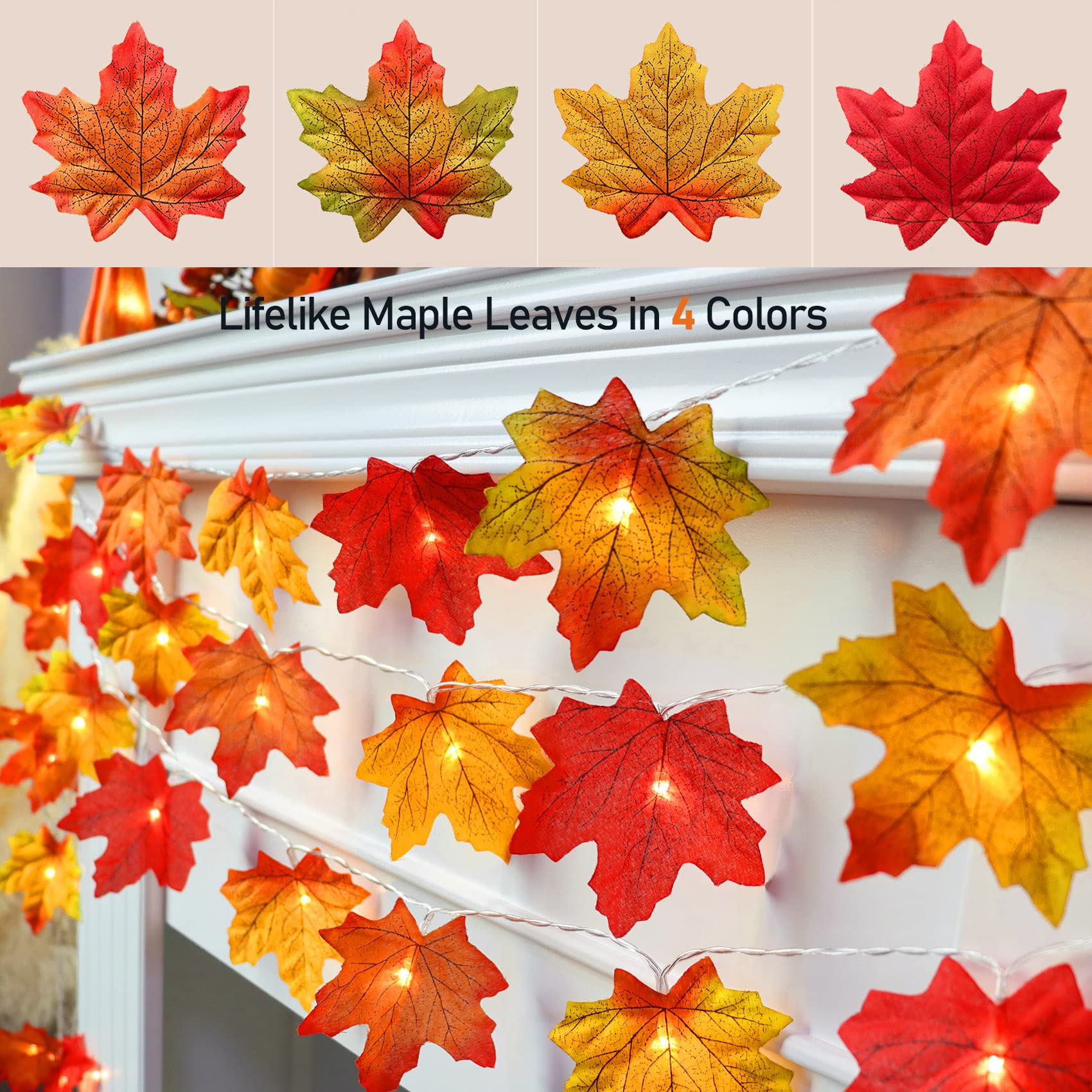 Runleo 2 Pack Maple Leaf Lights - 20Ft 40LED Battery Operated Fall Decor, Orange Copper for Indoor/Outdoor Autumn Harvest