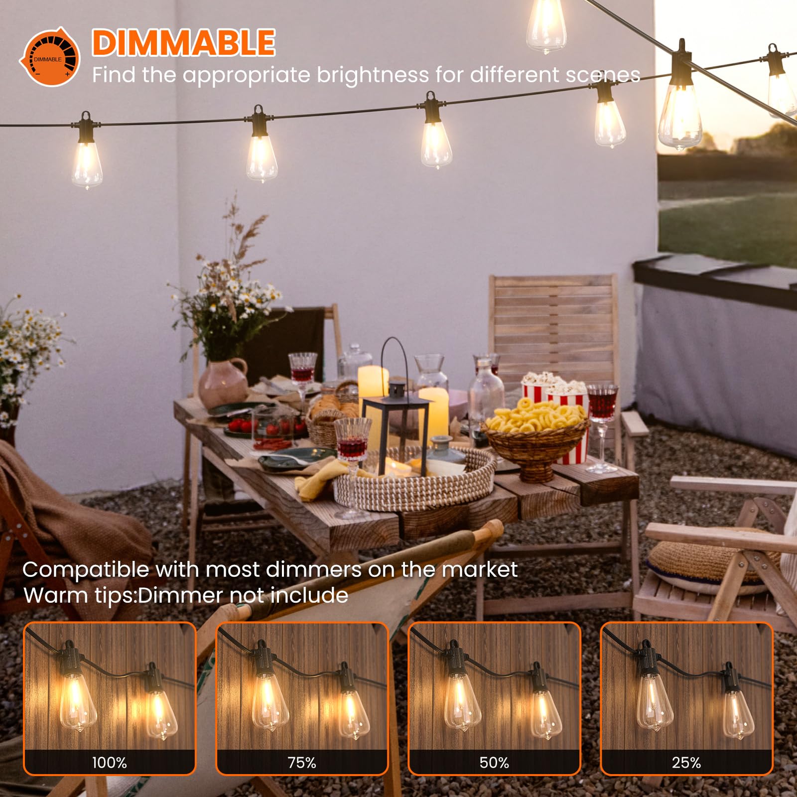 Kawaya 200Ft Patio String Lights: 100+4 Dimmable Waterproof Shatterproof Led Vintage String Lights Commercial Outdoor Lights For Porch Backyard Garden Bistro Outside Balcony Gazebo Party Cafe(100Ftx2)
