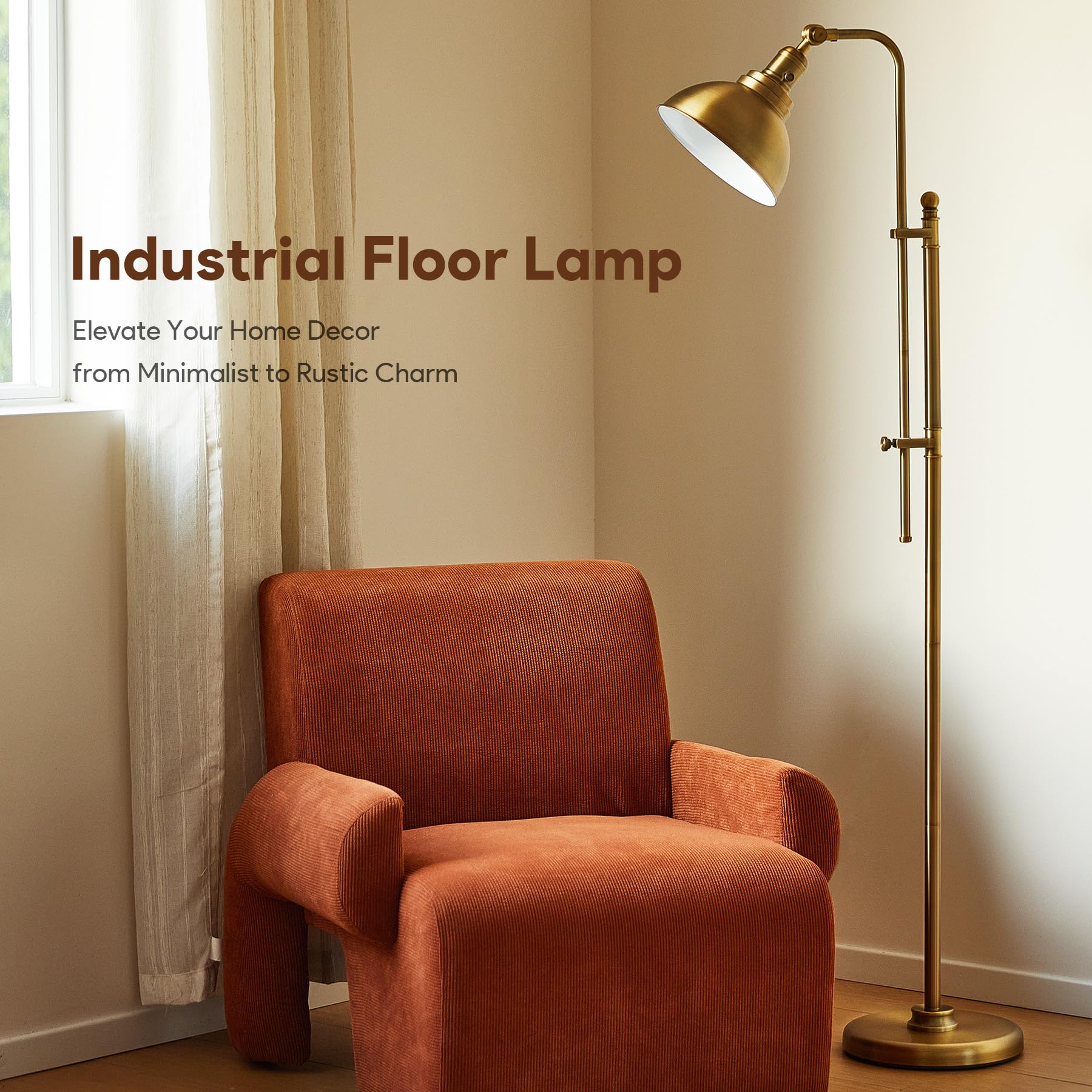VONLUCE 65" Brass Industrial Floor Lamp, Adjustable Height & Head, Vintage Metal Reading Lamp for Living Room, Bedroom, Office