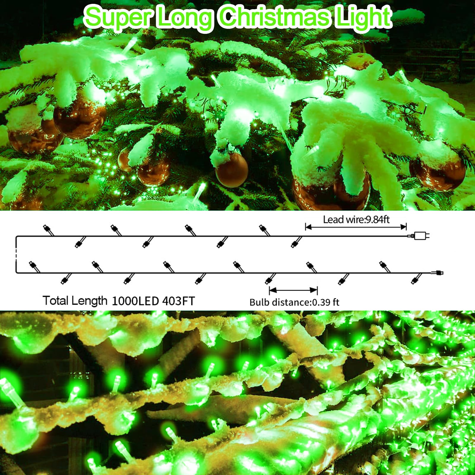 Jxledayy 1000 Led Christmas Lights 403 Ft Green Waterproof Fairy Lights For Outdoor Decor