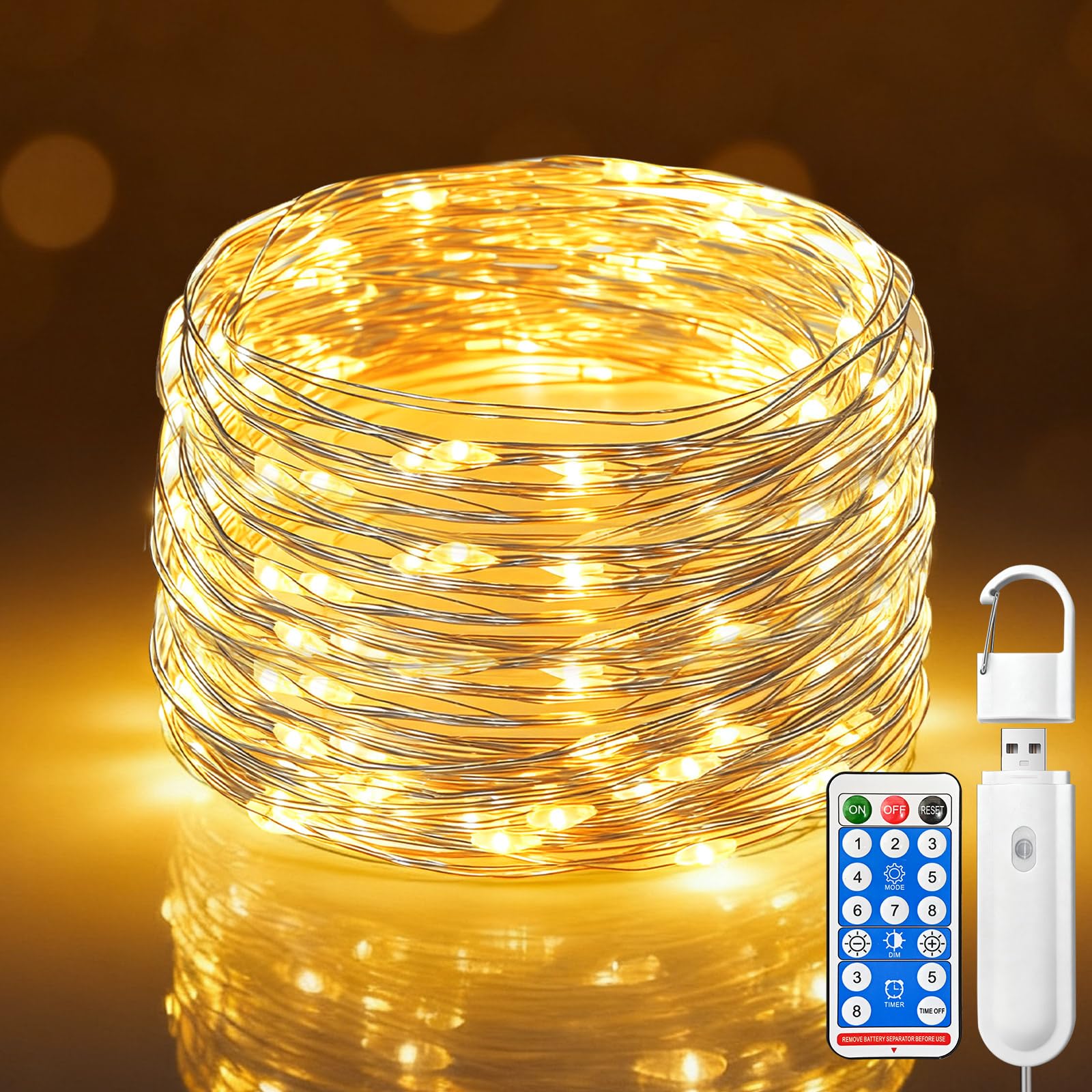 btfarm Rechargeable Fairy Lights, 33FT 100LED, Remote & Timer, 8 Modes, Waterproof, Warm White, 1 Pack