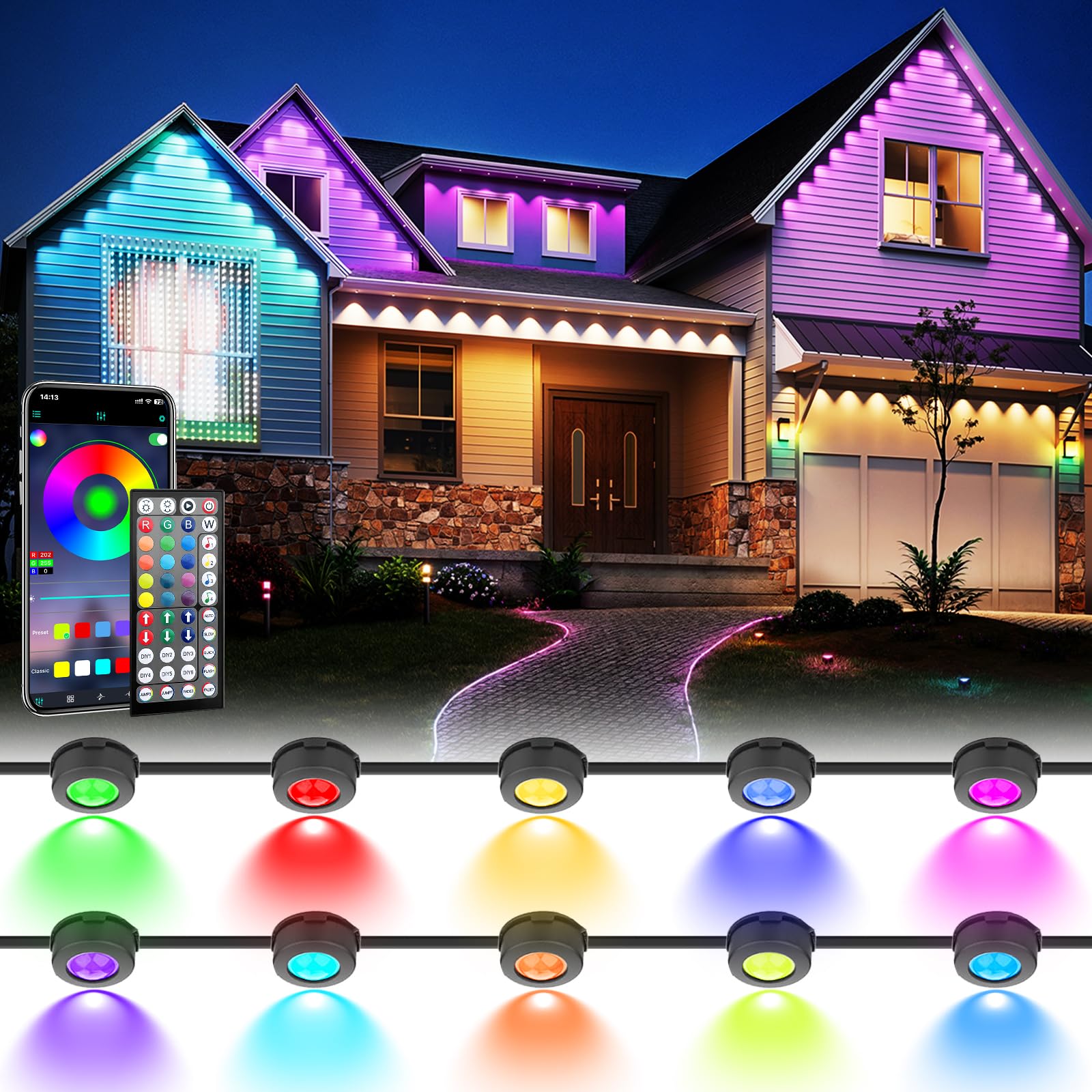 Geodurn LED String Lights, 100 FT Waterproof 2-in-1 Eaves & Ground Stakes, Black, Model DCD-30M, App/Remote Control, Color-Changing