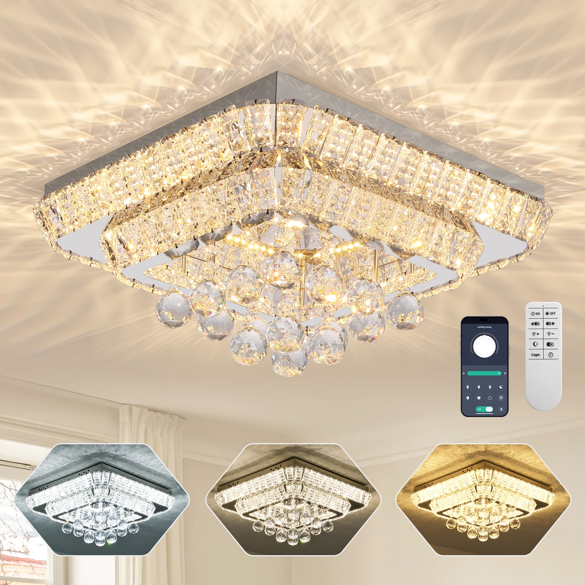 REDSTAR 18in Crystal Ceiling Light Flush Mount, Remote Control, 3 Color Temp, K9 Crystal, Stainless Steel, Silver, Model A228-18in-1