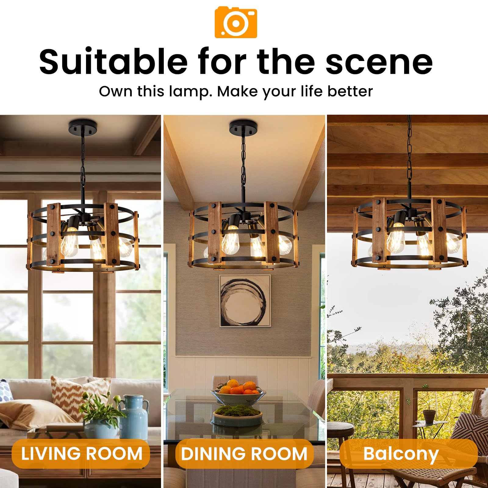 Daoseolo Rustic Farmhouse Chandelier - 4-Light Pendant Fixture, Adjustable Height, Brown Wood, 15.7Inch For Entryway, Kitchen, Living Room