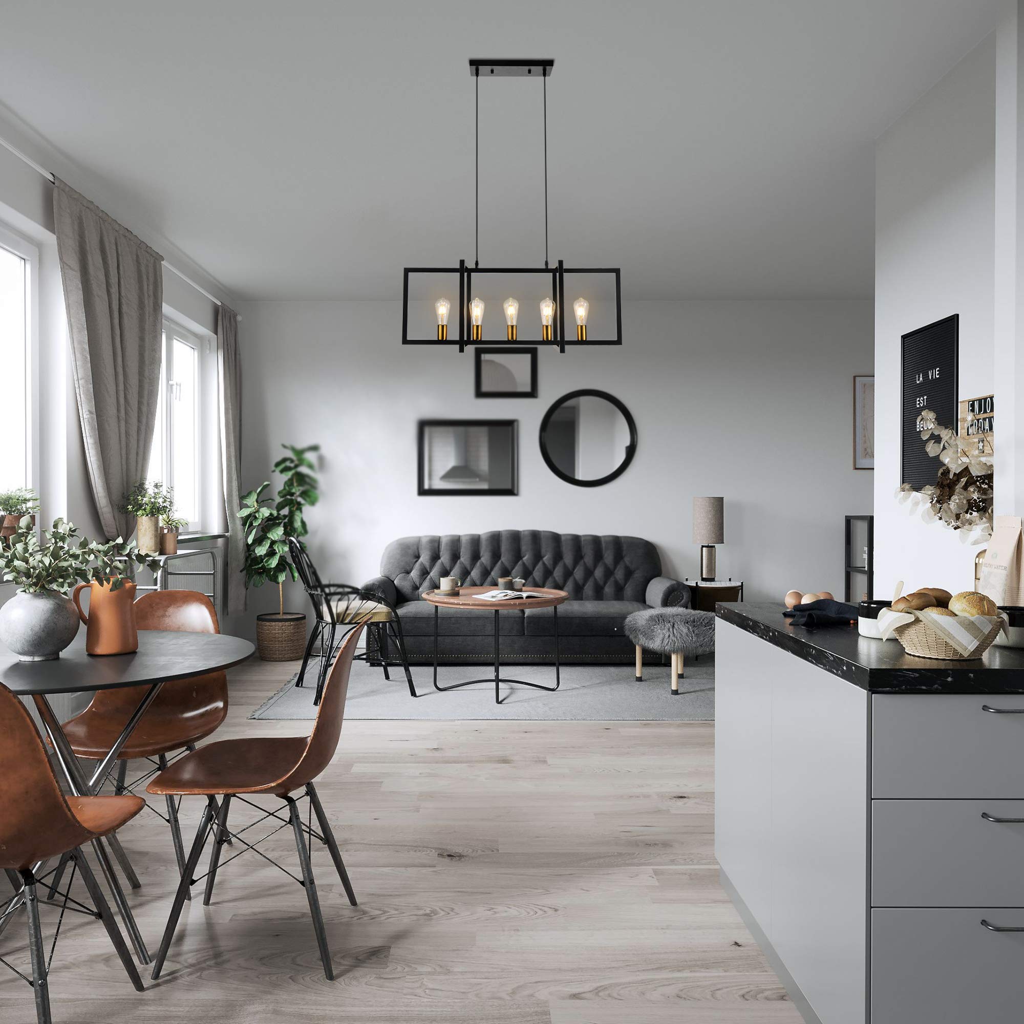 SomSom Kitchen Island Light Pendant Chandelier 5-Light Industrial Matte Black Antique Brass Finish