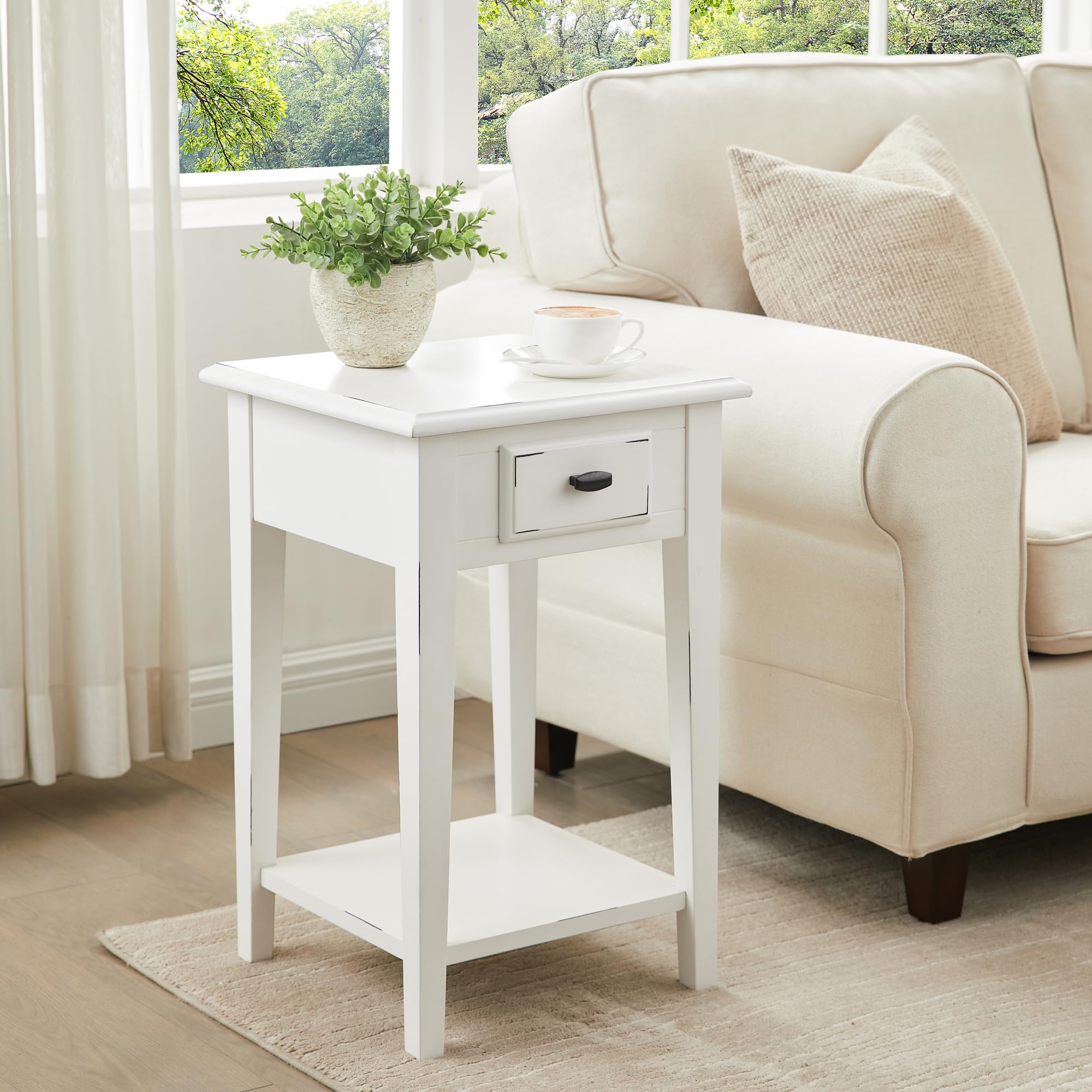 Leick Home Haven Ridge Square End Table, One Drawer Side Table, Farmhouse White, 214379