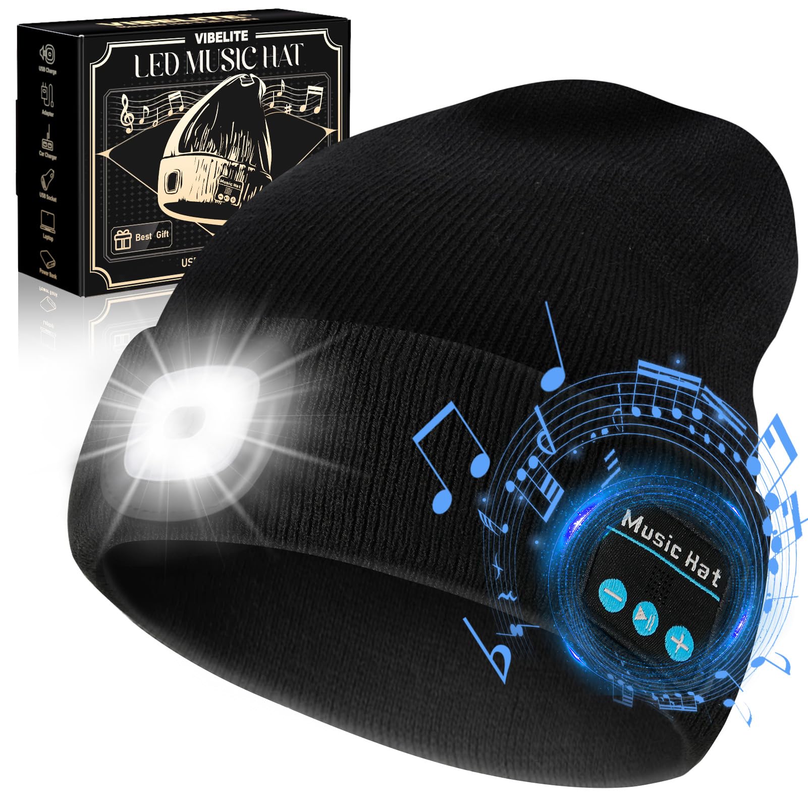 VIB high-standard Bluetooth Beanie Hat with USB Rechargeable LED Light, Black, Model VBHL01, 100% Acrylic