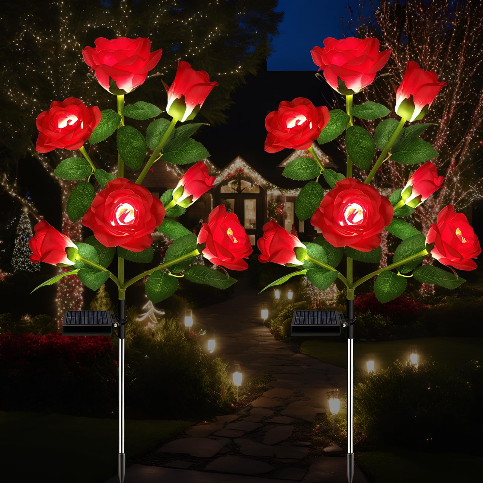 DWH 2 Pack Solar Garden Lights Outdoor, 7-Flower Rose LED Stake Light for Yard Patio Pathway Lawn Fence Cemetery, Red