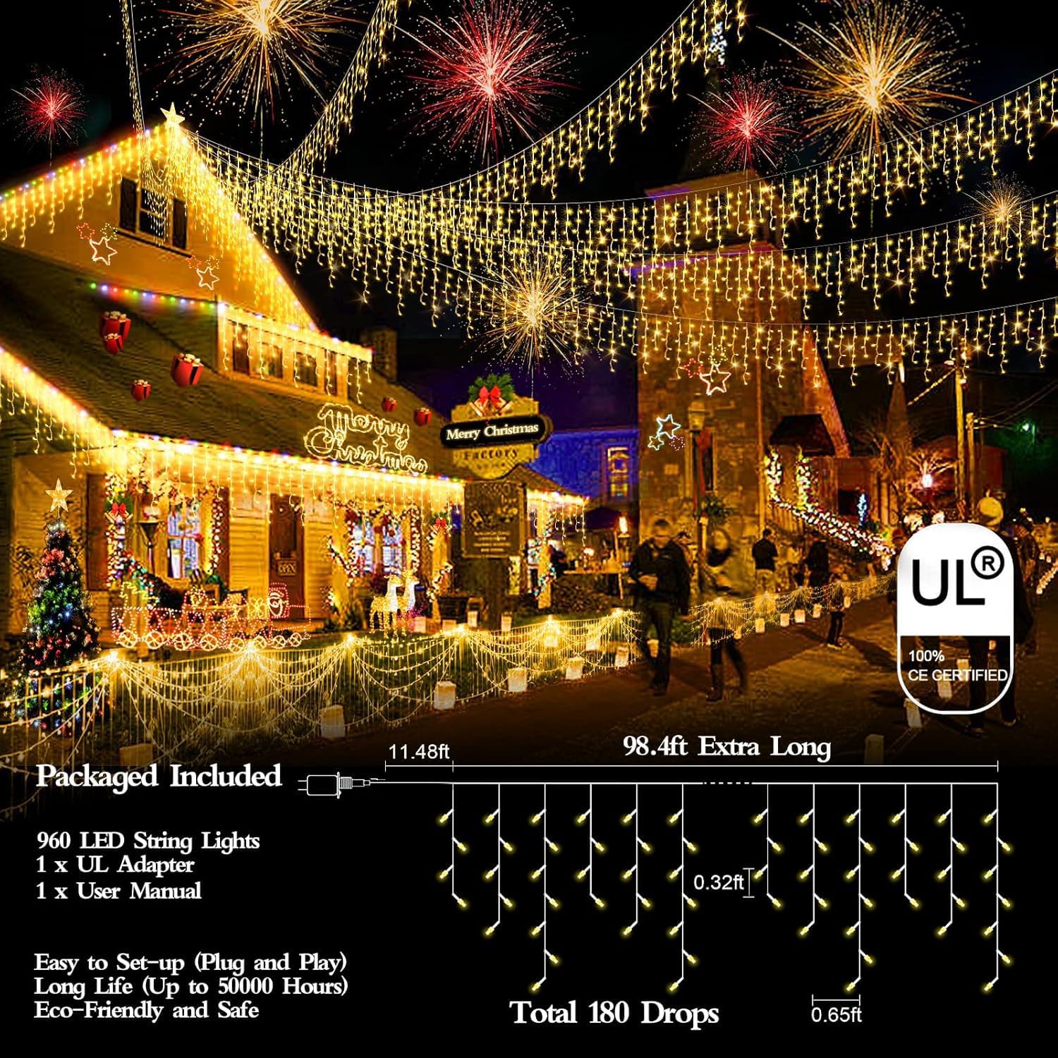 FLVOECN 98FT 960 LED Christmas Lights, Waterproof, 8 Modes, Warm White, Model BG-CL3M3-306L01