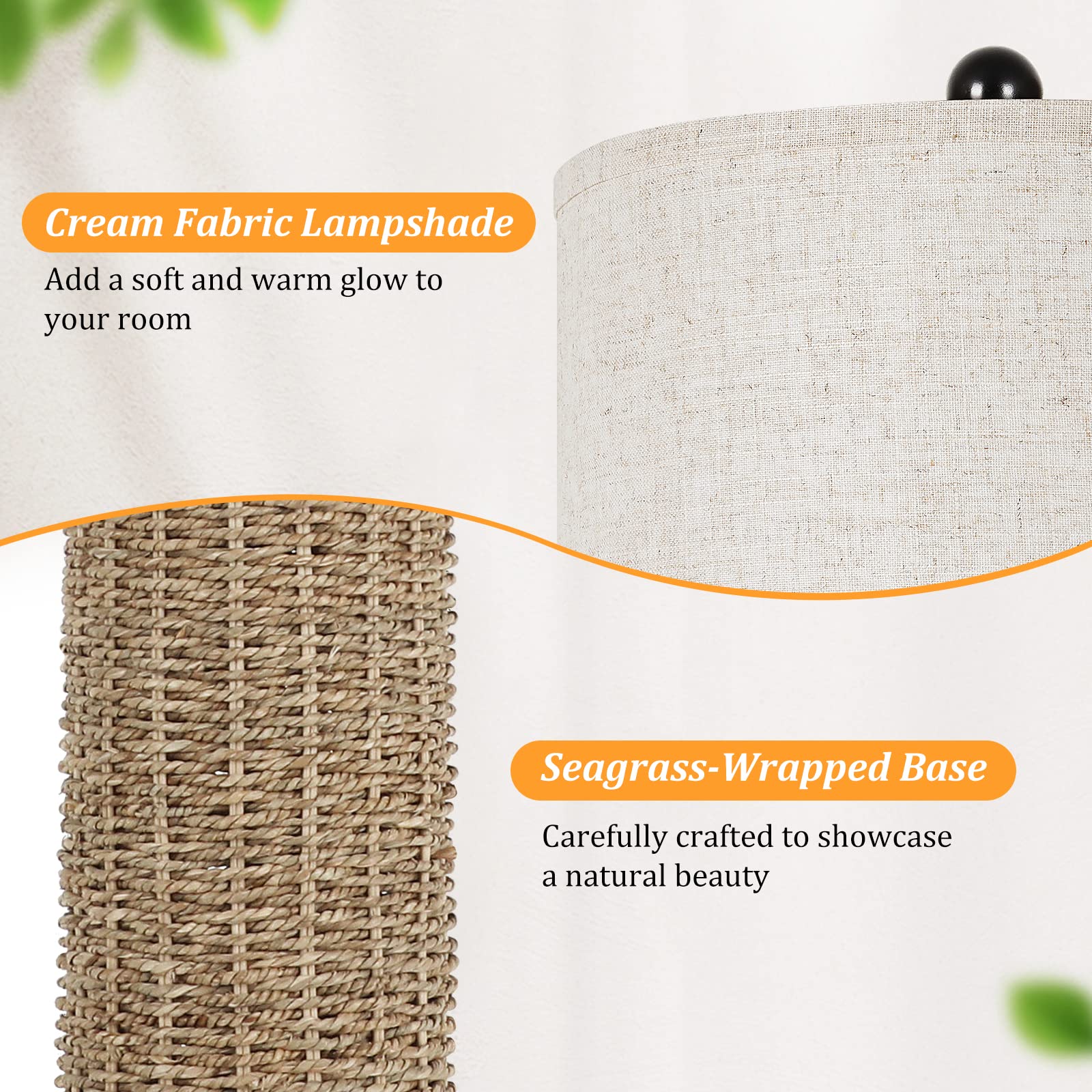 Beslowe 26'' Farmhouse Table Lamp For Bedroom, Set Of 2 Bedside Table Lamps With Handmade Seagrass Base And 2 Usb Ports, Rustic