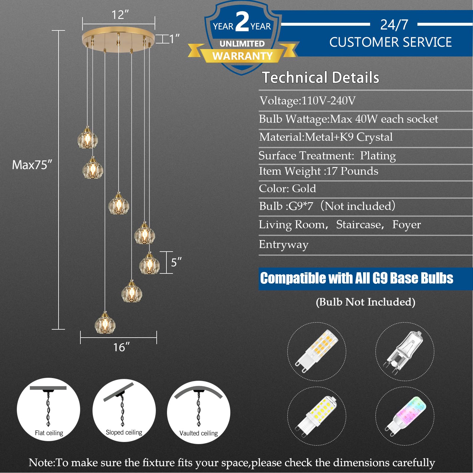 Weesalife 7-Light Crystal Chandelier, Brass Modern Pendant Light Fixture for High Ceilings, Model A8817