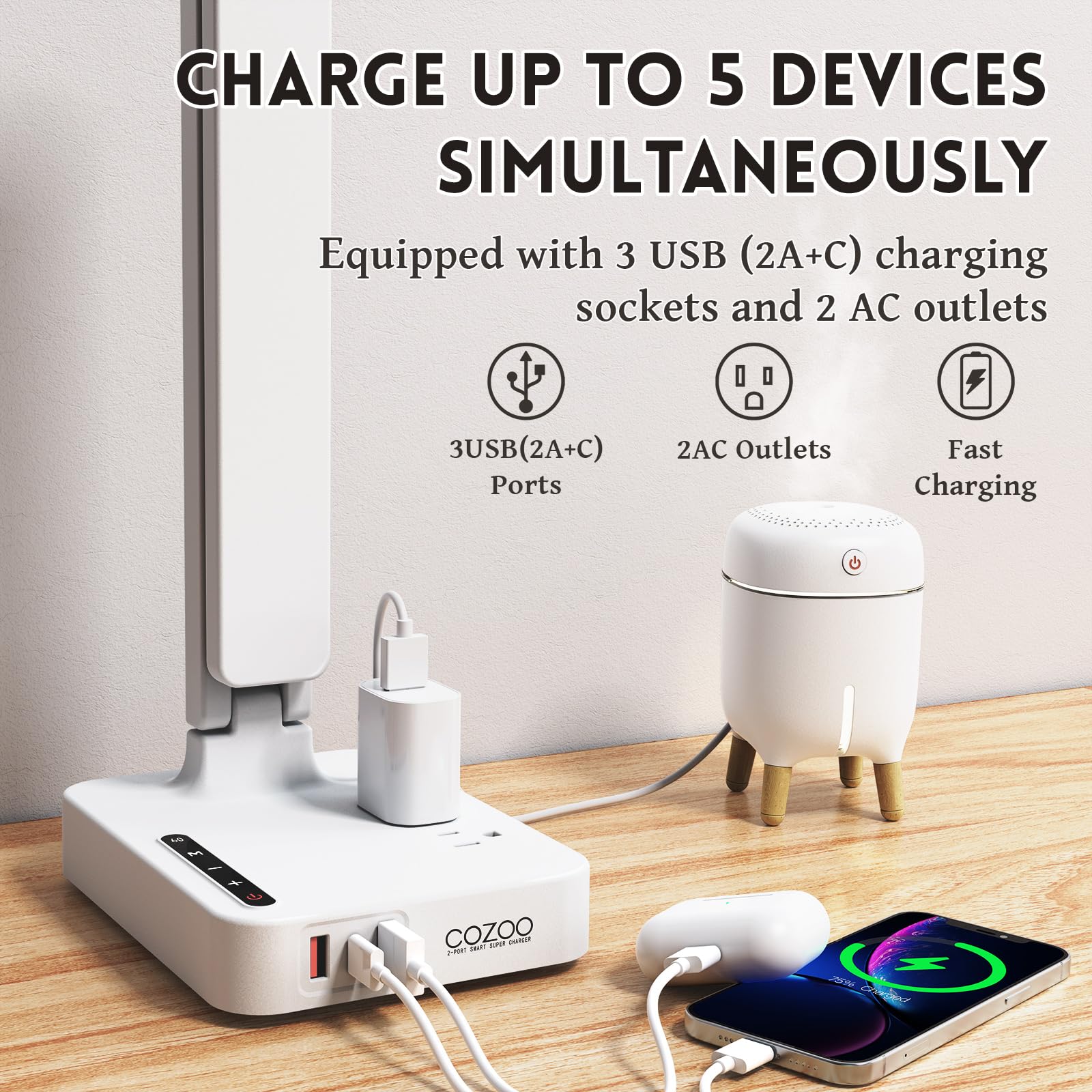 Desk Lamps For Home Office,Modern Led Desk Lamp For Dorm With 3 Usb Charging Port 2 Ac Power Outlets,9 Lighting Mode,Touch/Timer