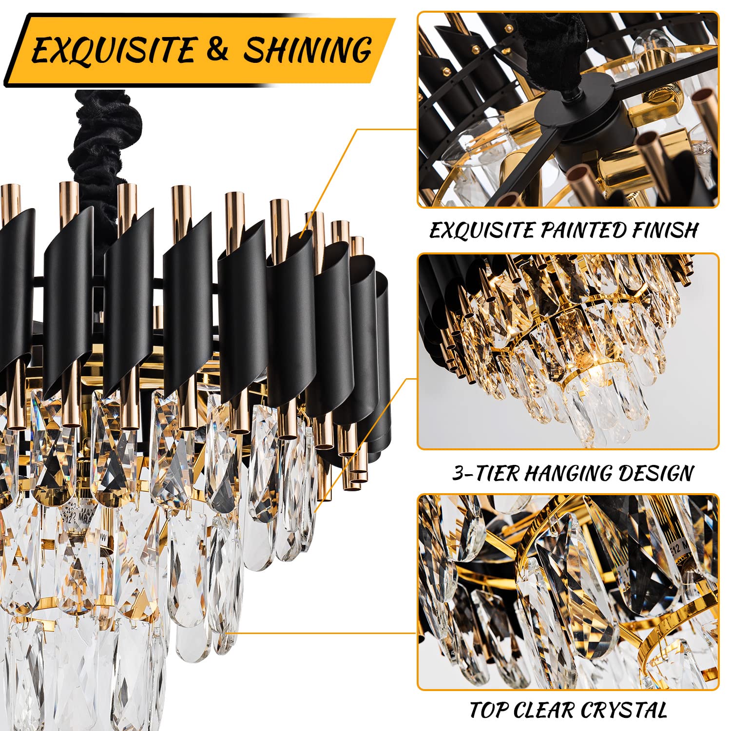 lighceac 15" 5-Light Modern Crystal Chandelier - Black Gold 3-Tier Luxury Pendant Lighting for Dining Room, Living Room, Kitchen