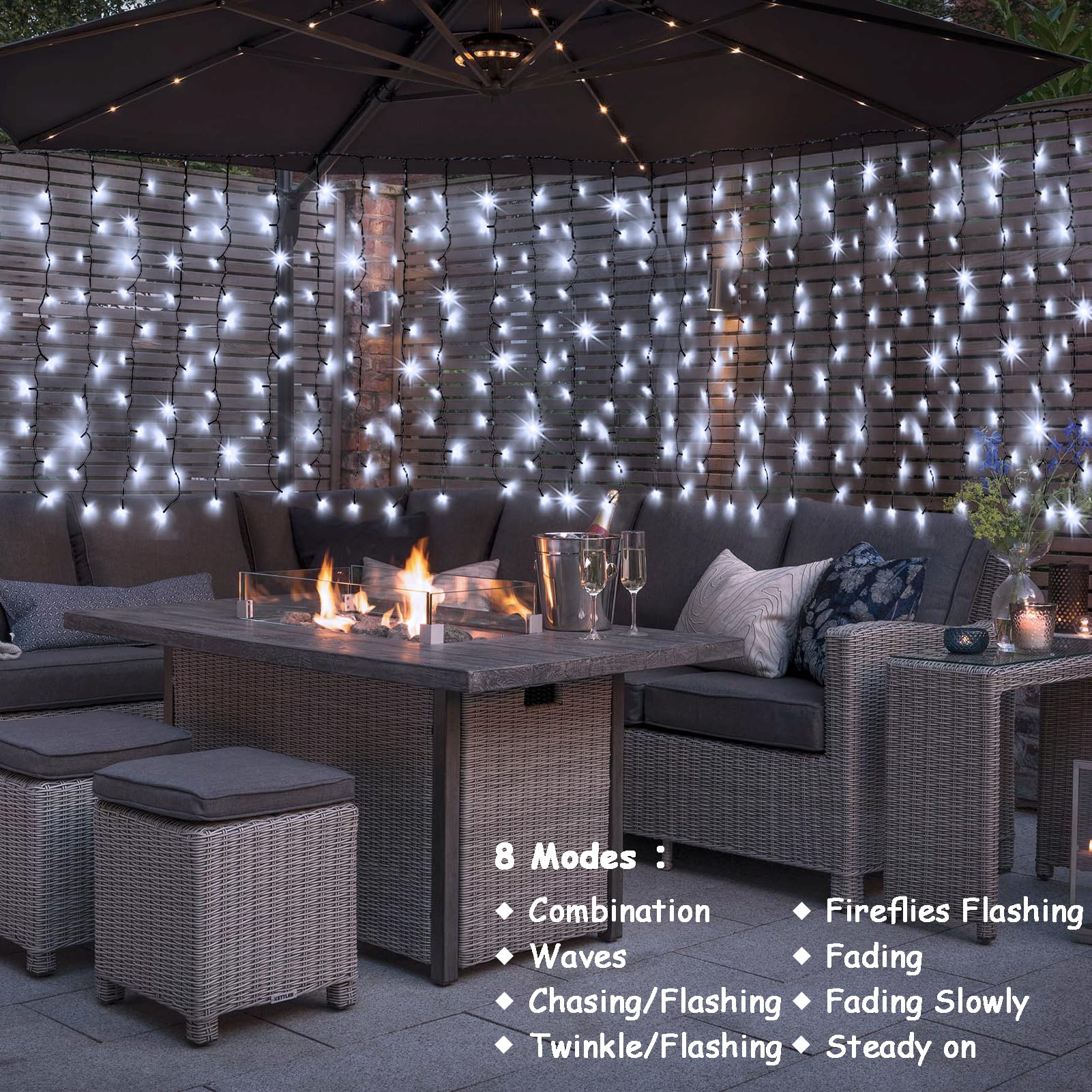 Echosari Solar Powered Curtain Lights 33Ftx 3Ft 500 Led Outdoor Curtain Lights Waterproof With Timer 8 Modes For Christmas Garde